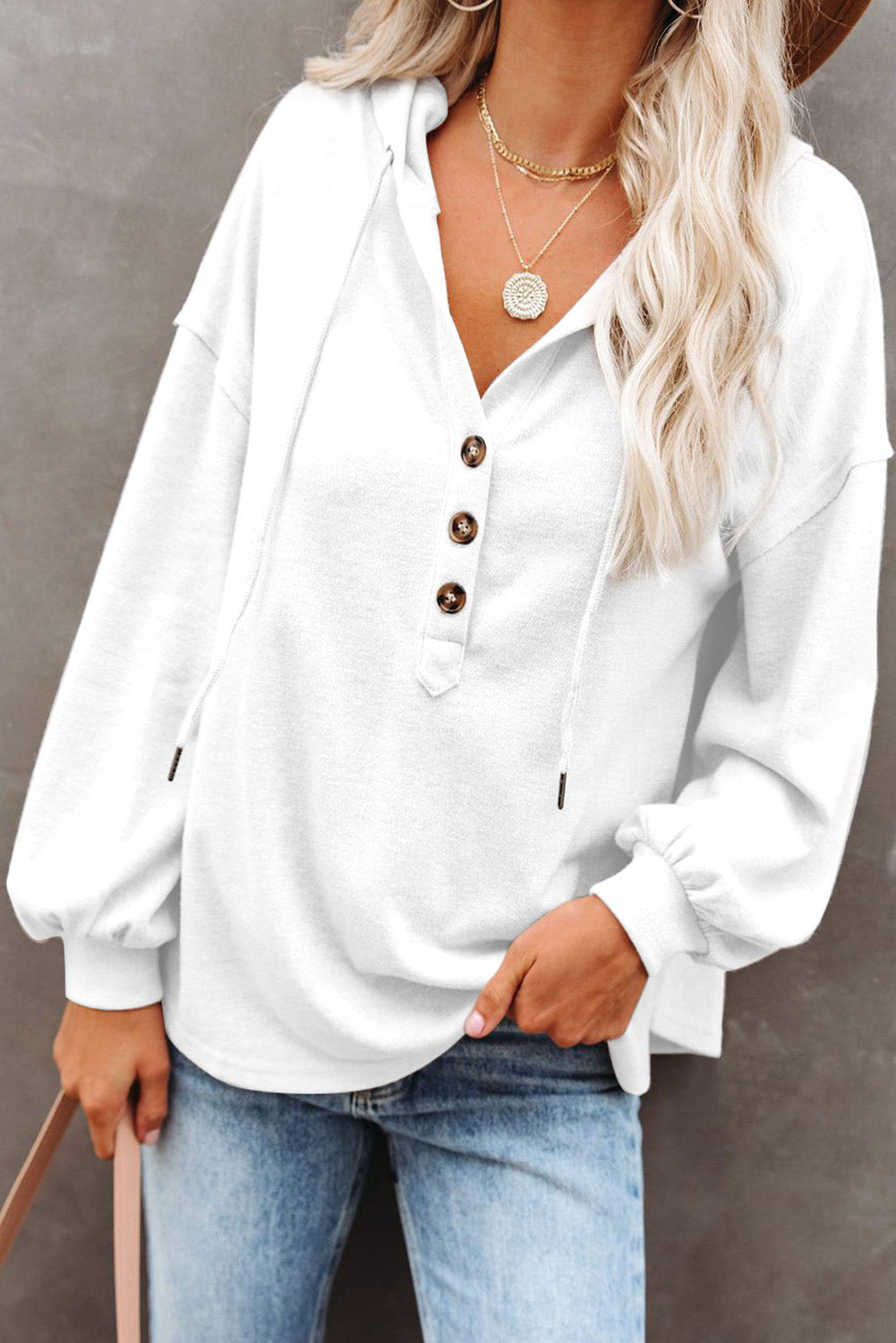 White Buttoned High and Low Hem Hoodie