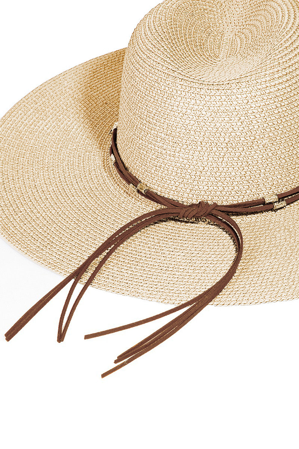 The Fame Rope Strap Wide Brim Weave Hat features a wide-brimmed straw design with a brown leather band and decorative silver accents, perfect for sun protection at the beach.