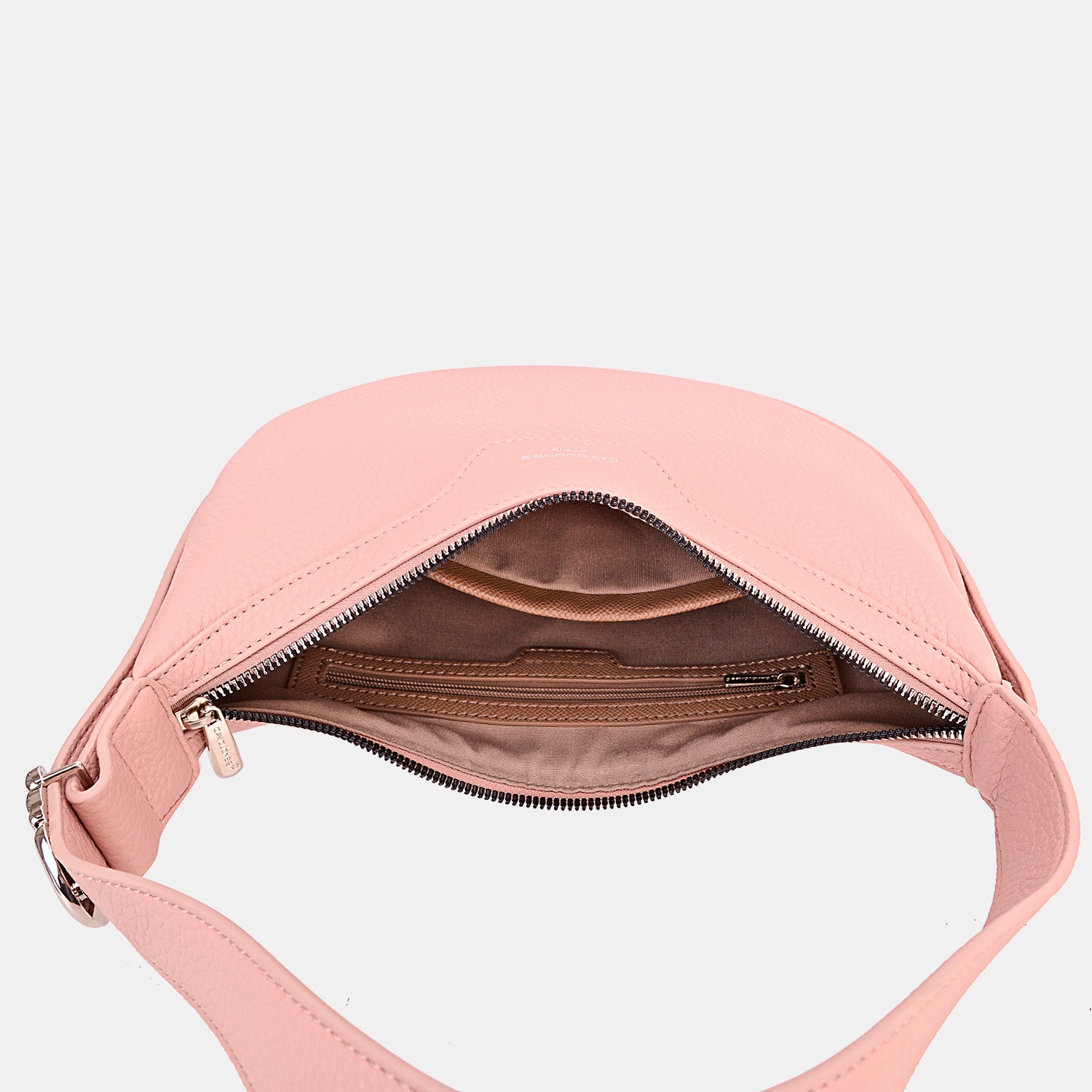 The David Jones PU Leather Crossbody Bag is a fashionable accessory that boasts a light pink hue, a curved design, and a practical top zipper closure.