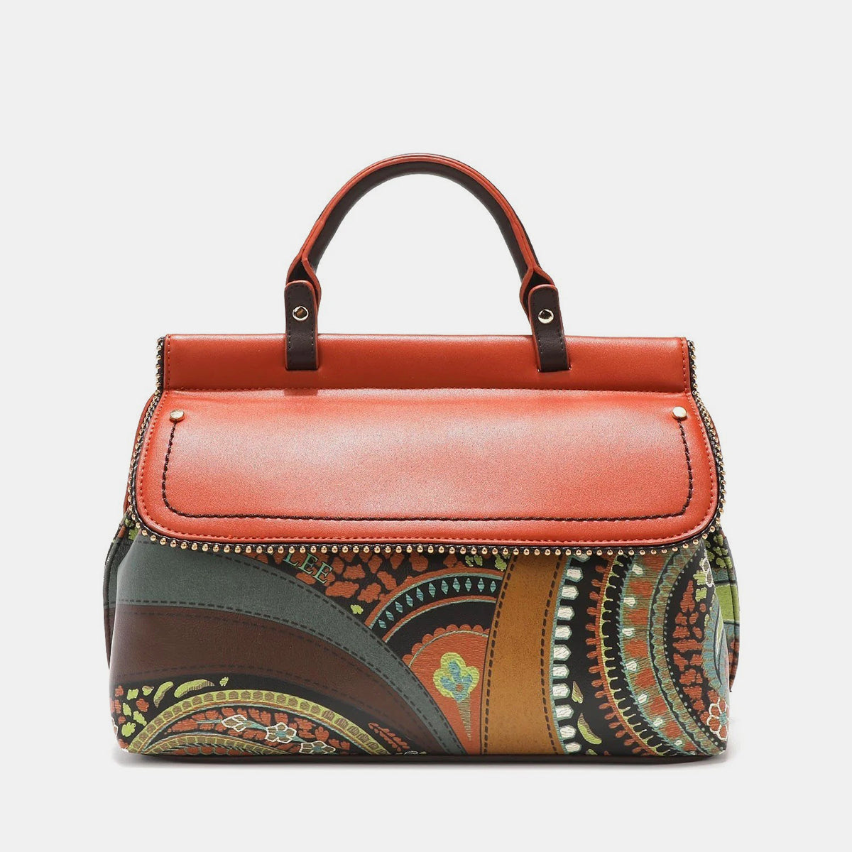 Nicole Lee USA's Front Stitch Detail Inlaid Stud Handbag is a lively vegan leather piece featuring brown handles, a blend of floral and geometric patterns, inlaid studs, and an ornamental charm.