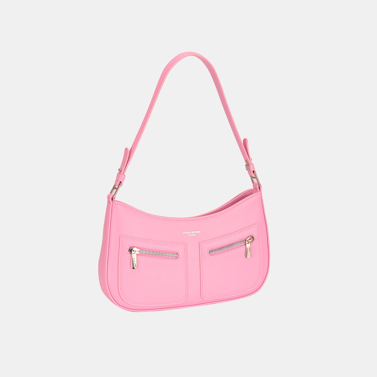 The David Jones Front Double Zip Design PU Leather Shoulder Bag is a chic and practical pink accessory, showcasing elegant gold-tone hardware and crafted from PU leather, all presented against a white backdrop.