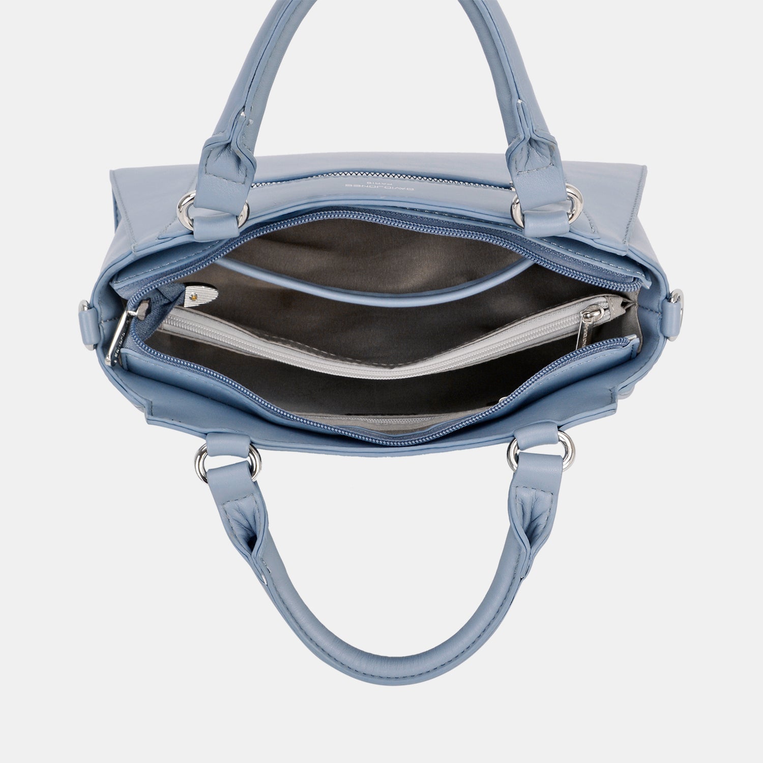 The David Jones PU Leather Handbag in light blue features a top handle and a front zip pocket, making it the perfect stylish accessory to complement any outfit.