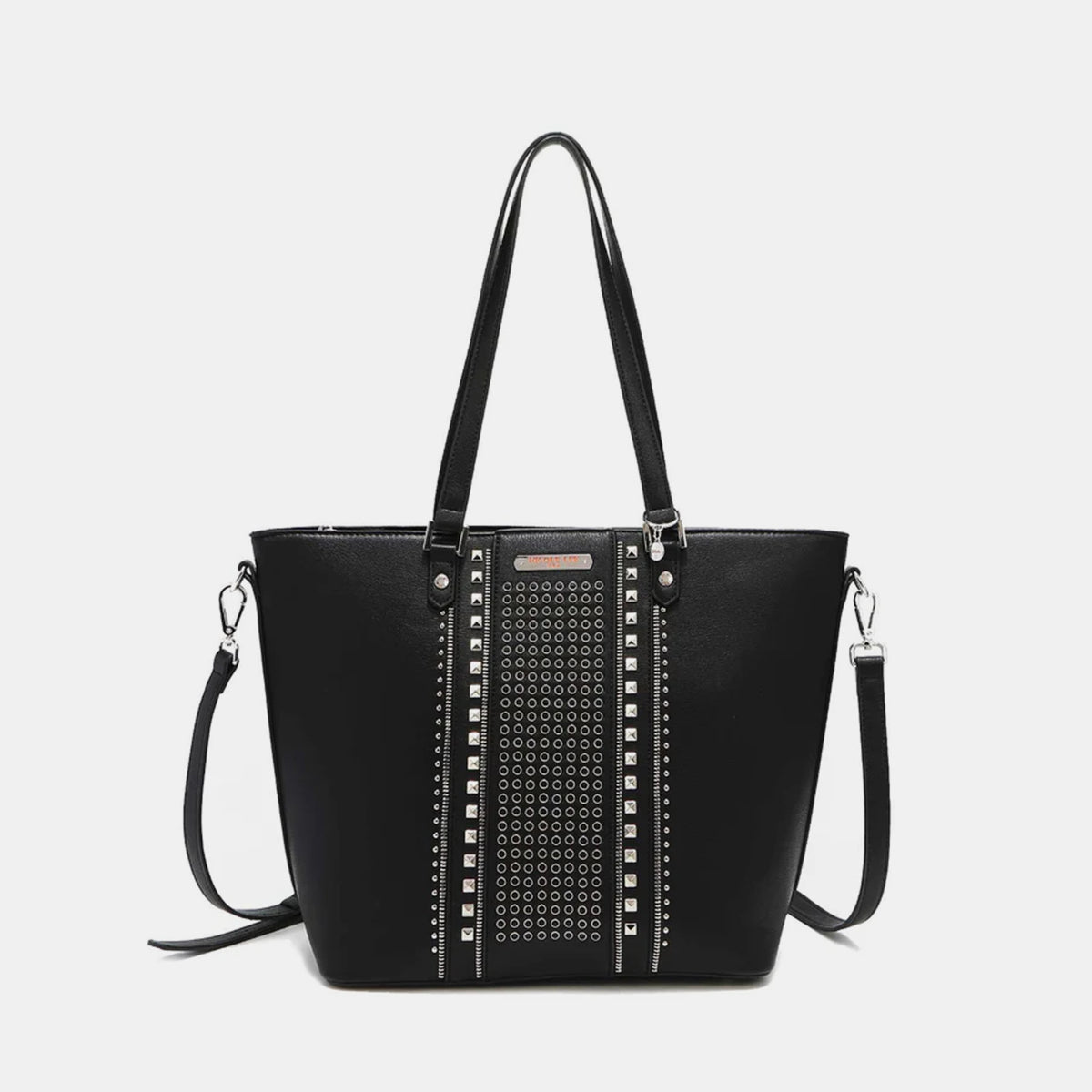 The Nicole Lee USA Studded Decor Tote Bag boasts a trendy appeal with its vegan leather material, highlighted by silver studs and dual shoulder straps, showcased against a white background.