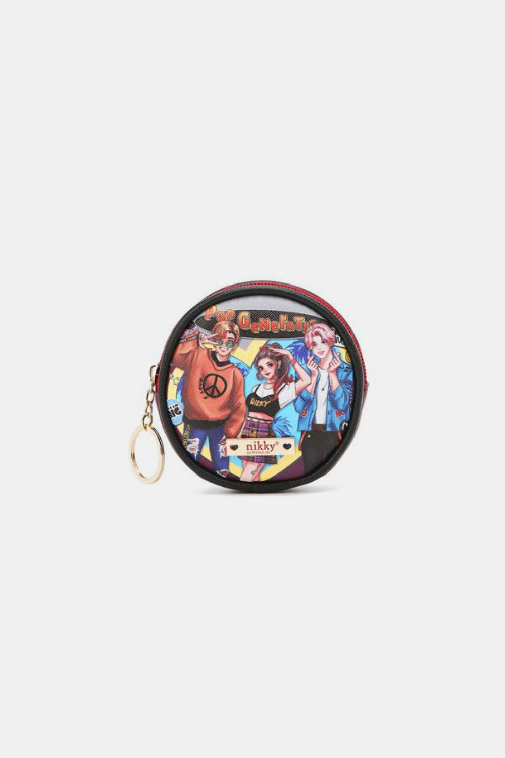 The Nicole Lee USA Keychain Round Coin Purse features a vibrant cartoon graphic on the front with three animated characters, crafted from eco-leather material. This stylish and functional accessory includes a zipper closure and a keyring attachment, making it perfect as a keychain round coin purse.