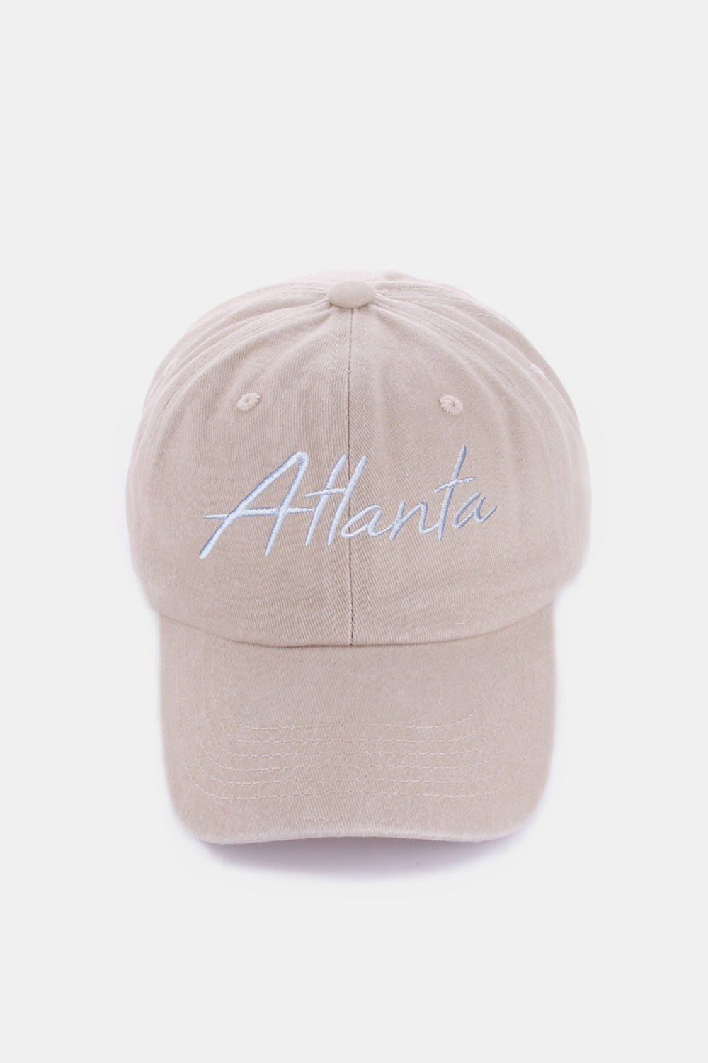 The Zenana Washed ATLANTA Embroidered Baseball Cap is a vintage style accessory, showcasing the word "Atlanta" embroidered in white on its blue denim front.