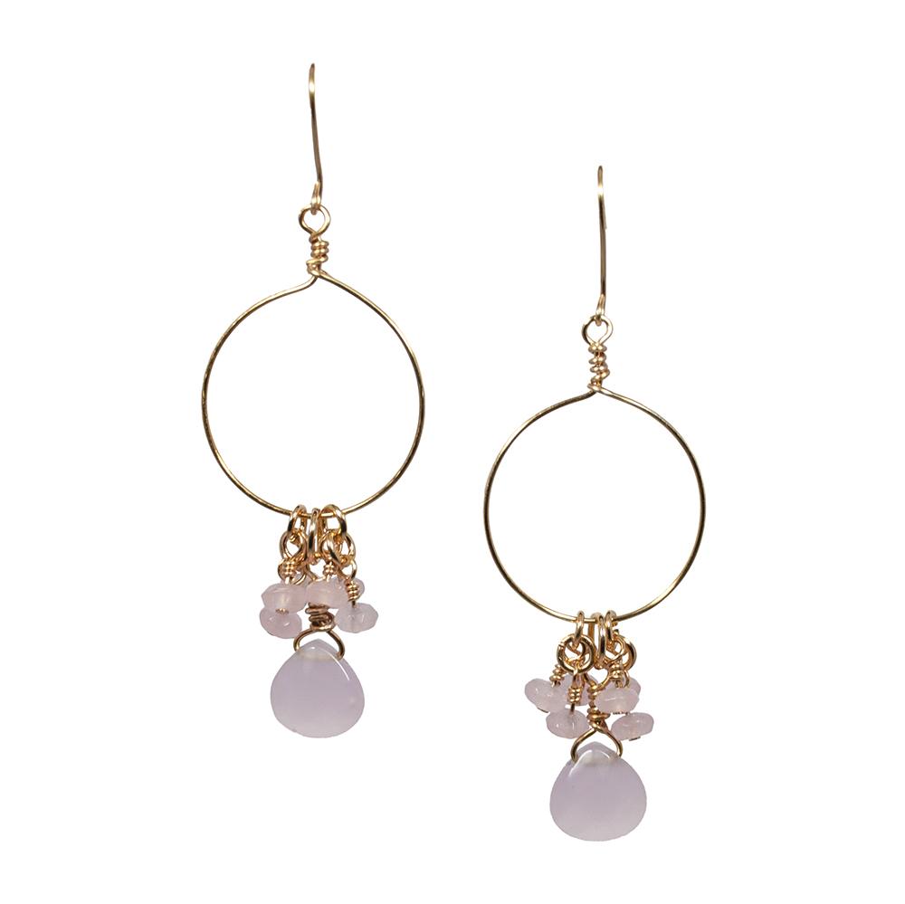 Gold hoop earrings featuring clusters of pink chalcedony and jade gemstones with teardrop pendants.