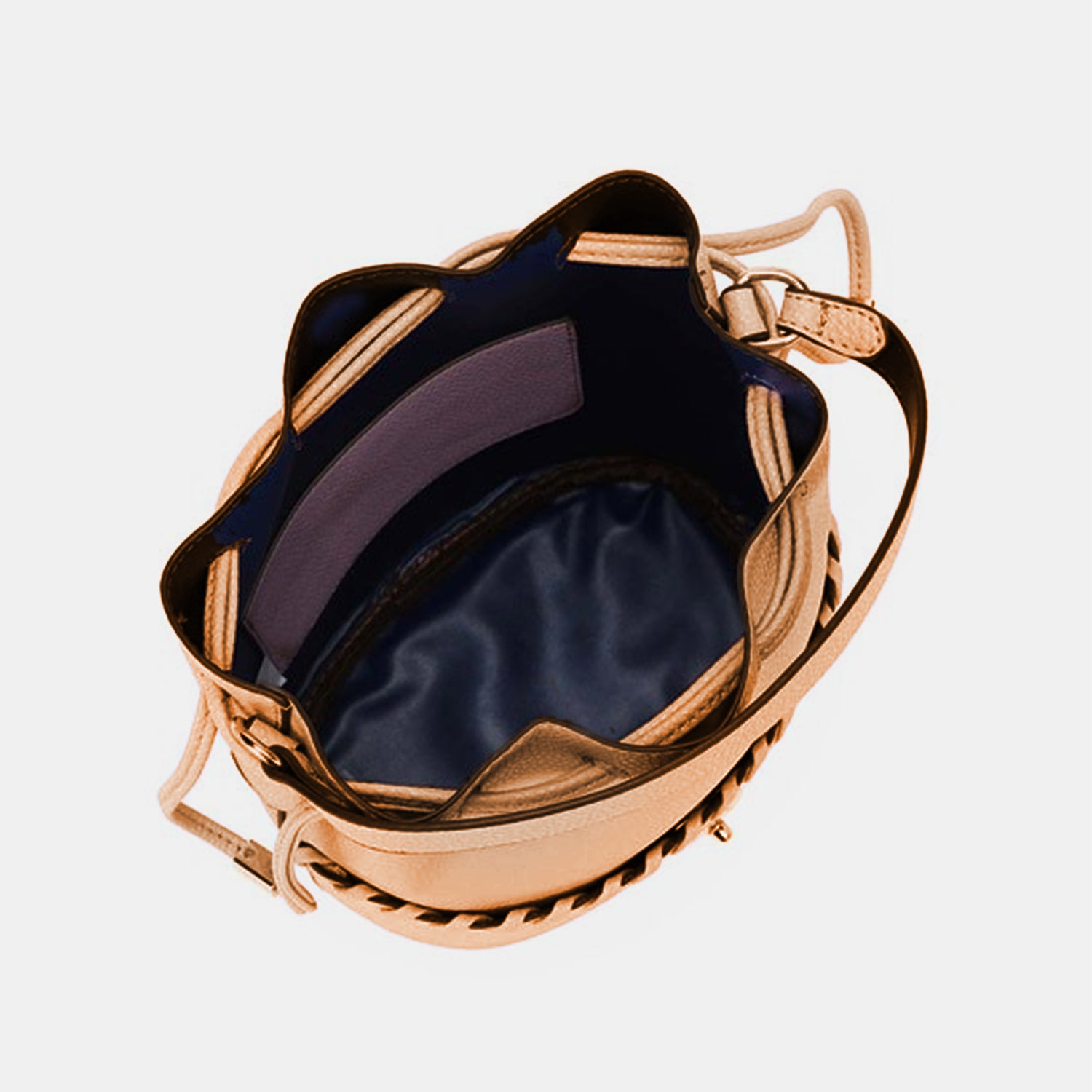 Nicole Lee USA Drawstring Bucket Bag made from eco-leather with an adjustable black strap, featuring a cinched top and gold-toned hardware, along with a silver clasp at the front.