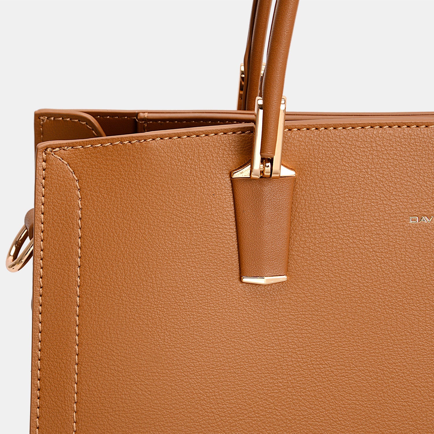 Introducing the David Jones PU Leather Medium Handbag, a chic accessory crafted from tan leather, showcasing dual handles and refined stitching details against a plain background.