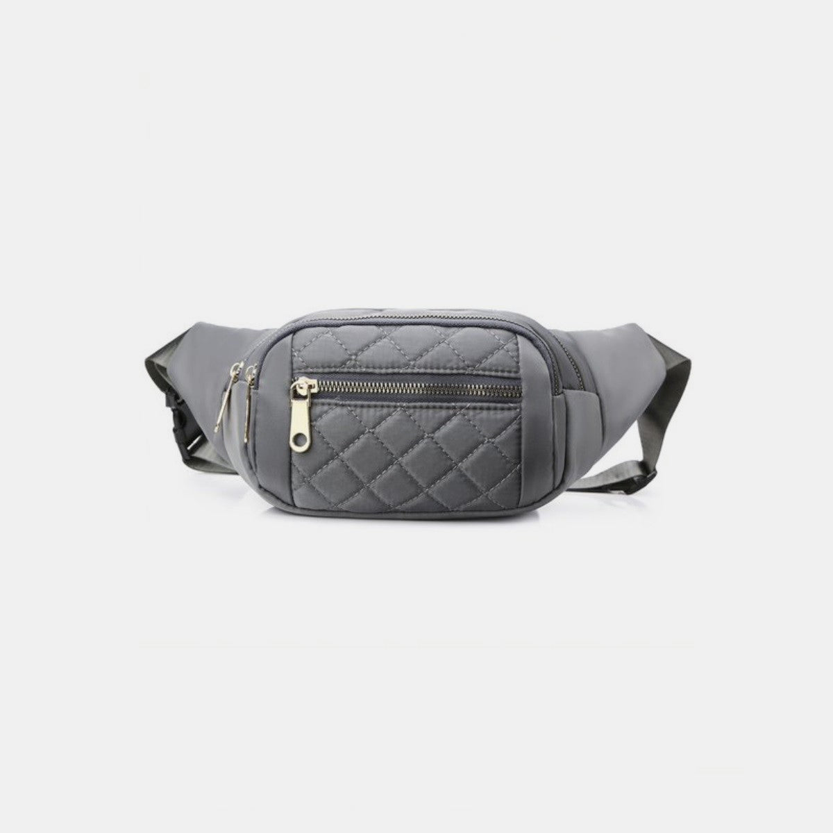 The Zenana Quilted Multi Pocket Waist Belt Bag in black features gold zippers, an adjustable strap, and multiple pockets for hands-free carrying.