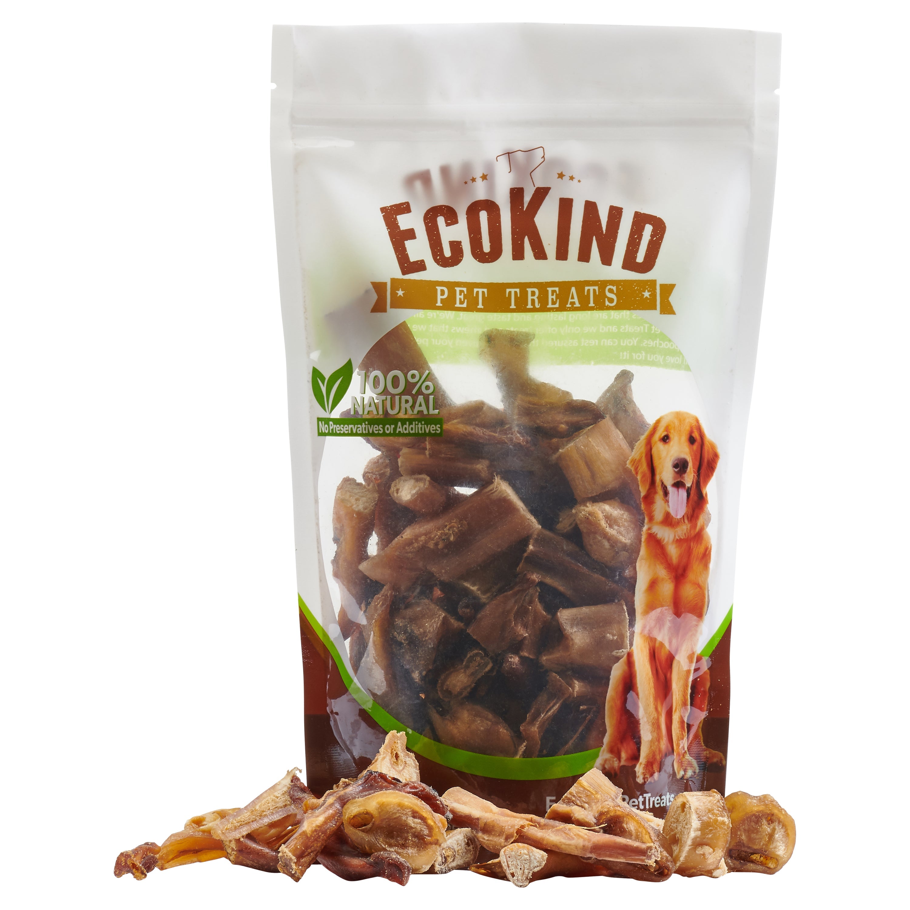 A bag of Grass-Fed Beef Bully Stick Bites by EcoKind, made from natural ingredients without any preservatives or additives, prominently displays its 100% natural claim. Various treats are attractively arranged in front of the packaging.