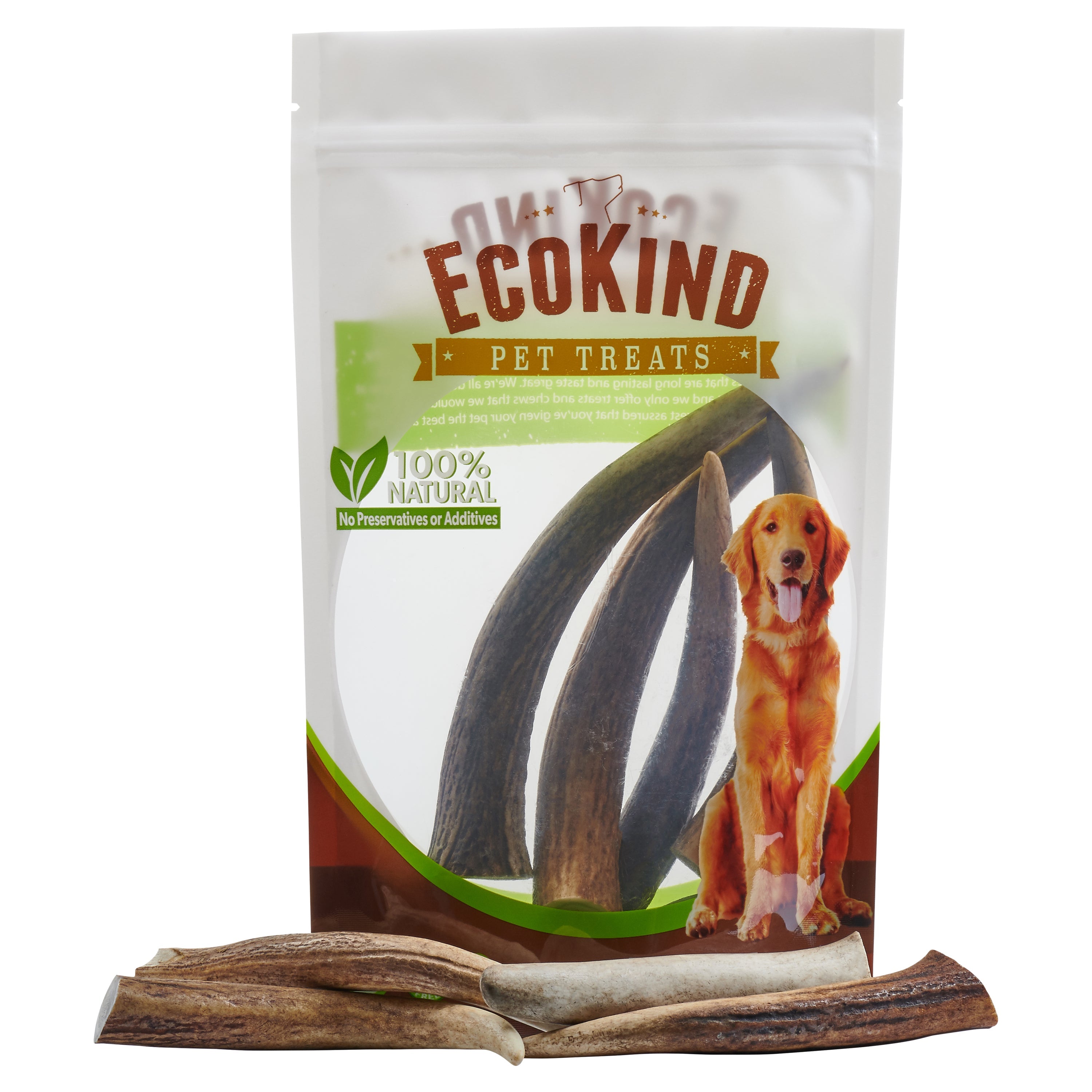 The packaging for Elk Antler Tips Dog Chews, proudly labeled "100% natural," displays a cheerful dog and highlights four Natural Dog Chews crafted from Elk Antler Tips. These chews are perfect for boosting dental health while providing a delightful treat for your beloved pet.