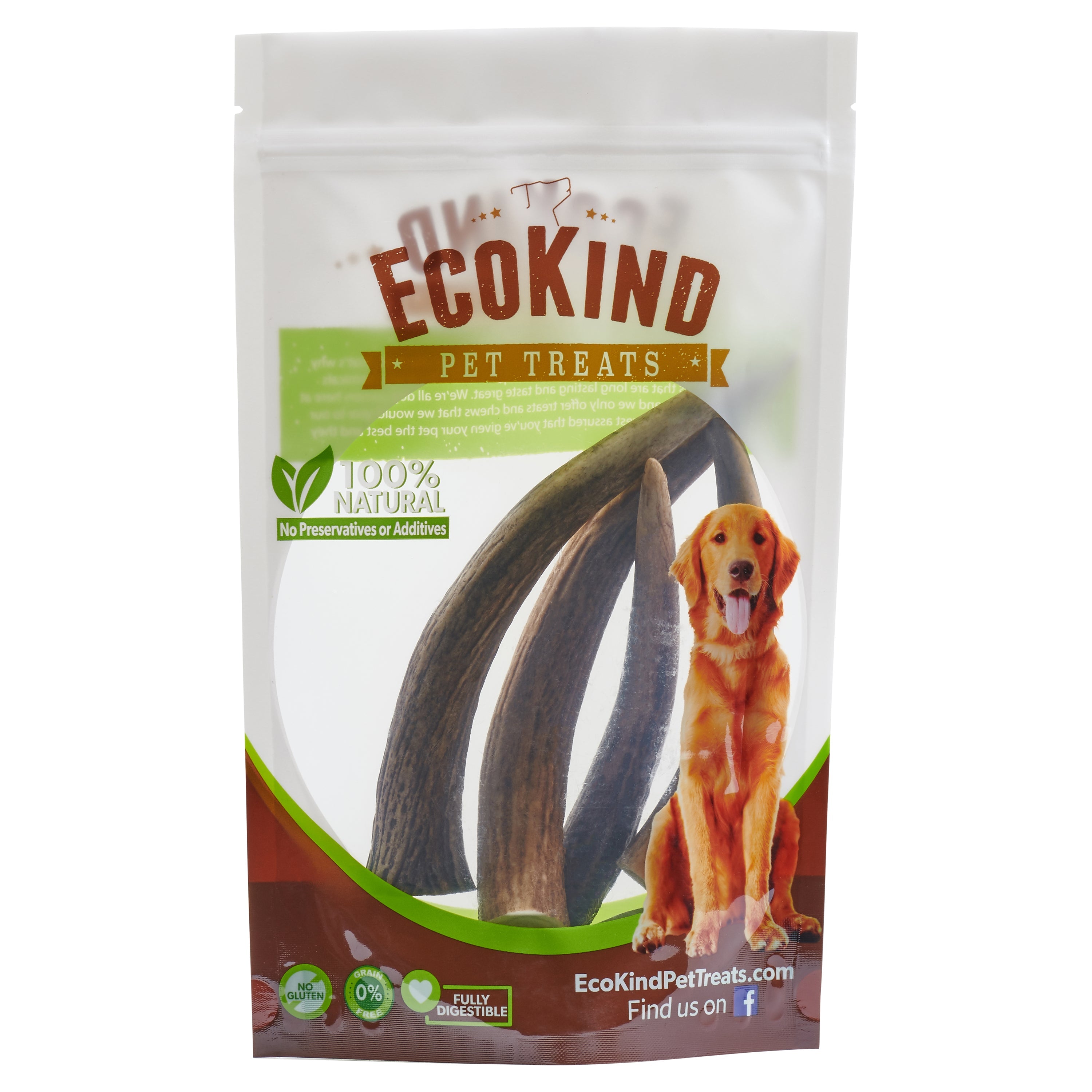 The packaging for Elk Antler Tips Dog Chews, proudly labeled "100% natural," displays a cheerful dog and highlights four Natural Dog Chews crafted from Elk Antler Tips. These chews are perfect for boosting dental health while providing a delightful treat for your beloved pet.