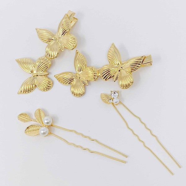 Antique Garden Hair Clip Set butterfly clips and pearl-embellished hair pins on a pink background.