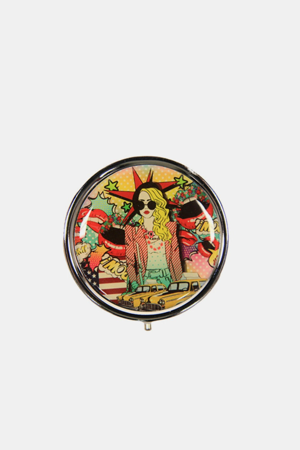 The Nicole Lee USA Print Metallic Circular Large Pill Case is a round pill case adorned with an illustration of a dog and cat driving an old-fashioned car, set against a backdrop of colorful city landmarks and signs. It's perfect for on-the-go medication management.