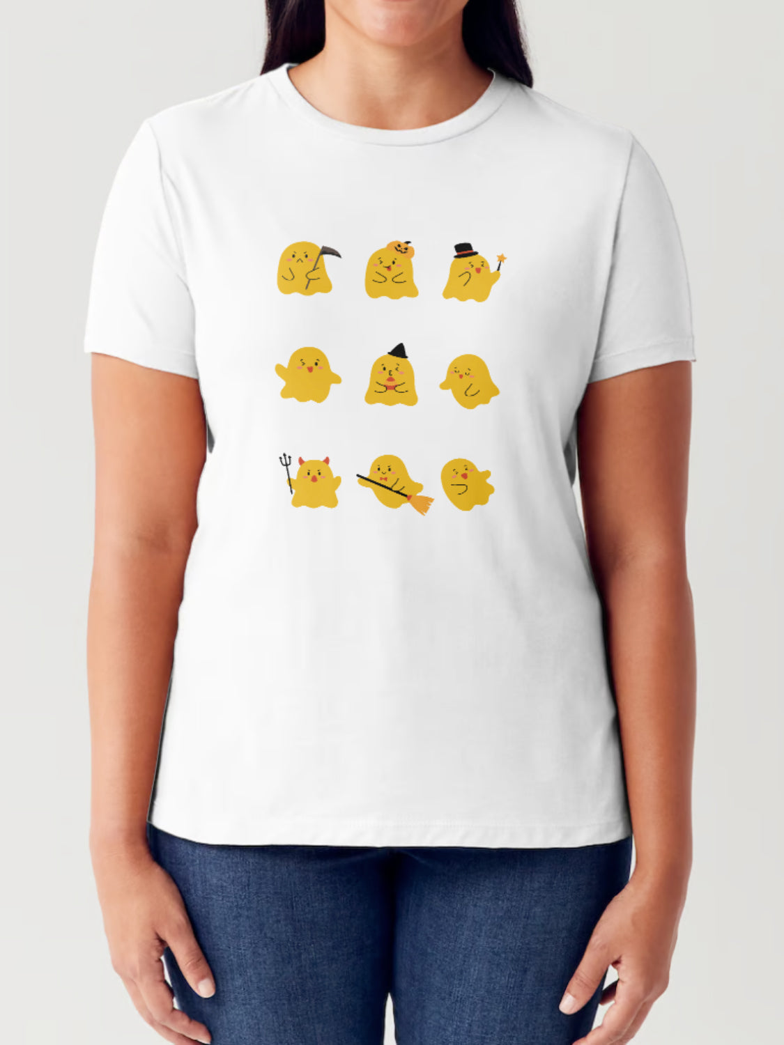 A person wearing a Simply Love Full Size Ghost Graphic Round Neck Short Sleeve Tubular T-Shirt featuring illustrations of nine different Gudetama characters in various costumes and poses.