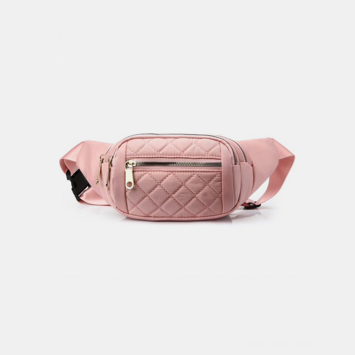 The Zenana Quilted Multi Pocket Waist Belt Bag in black features gold zippers, an adjustable strap, and multiple pockets for hands-free carrying.