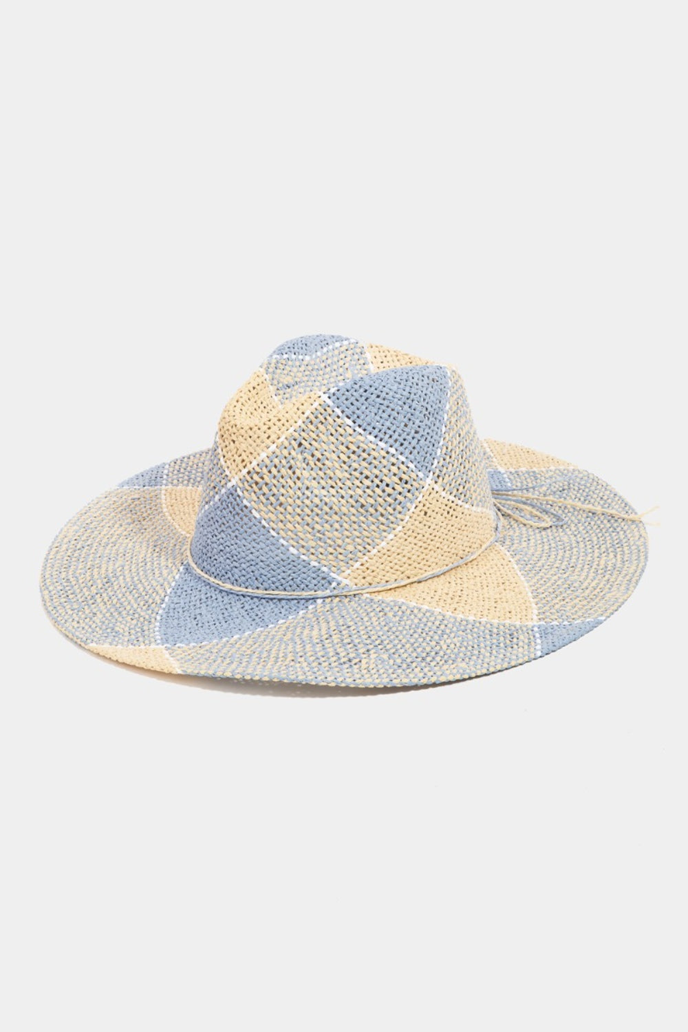 Introducing the Fame Contrast Straw Braid Hat—a wide-brimmed woven straw hat featuring a distinctive green and beige checkered pattern on a white background, designed to provide excellent sun protection.