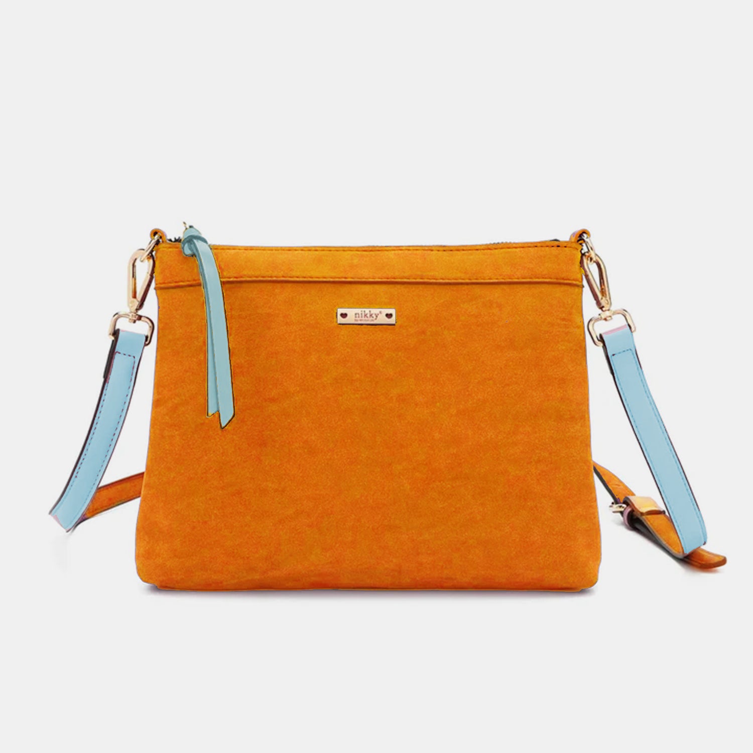 The Nicole Lee USA 3-Piece Handbag Set features a yellow handbag, an orange clutch with a blue zipper, and a heart-shaped orange coin purse with a keychain, all beautifully displayed against a white background. This stylish satchel collection is perfect for any occasion, adding flair to your ensemble.