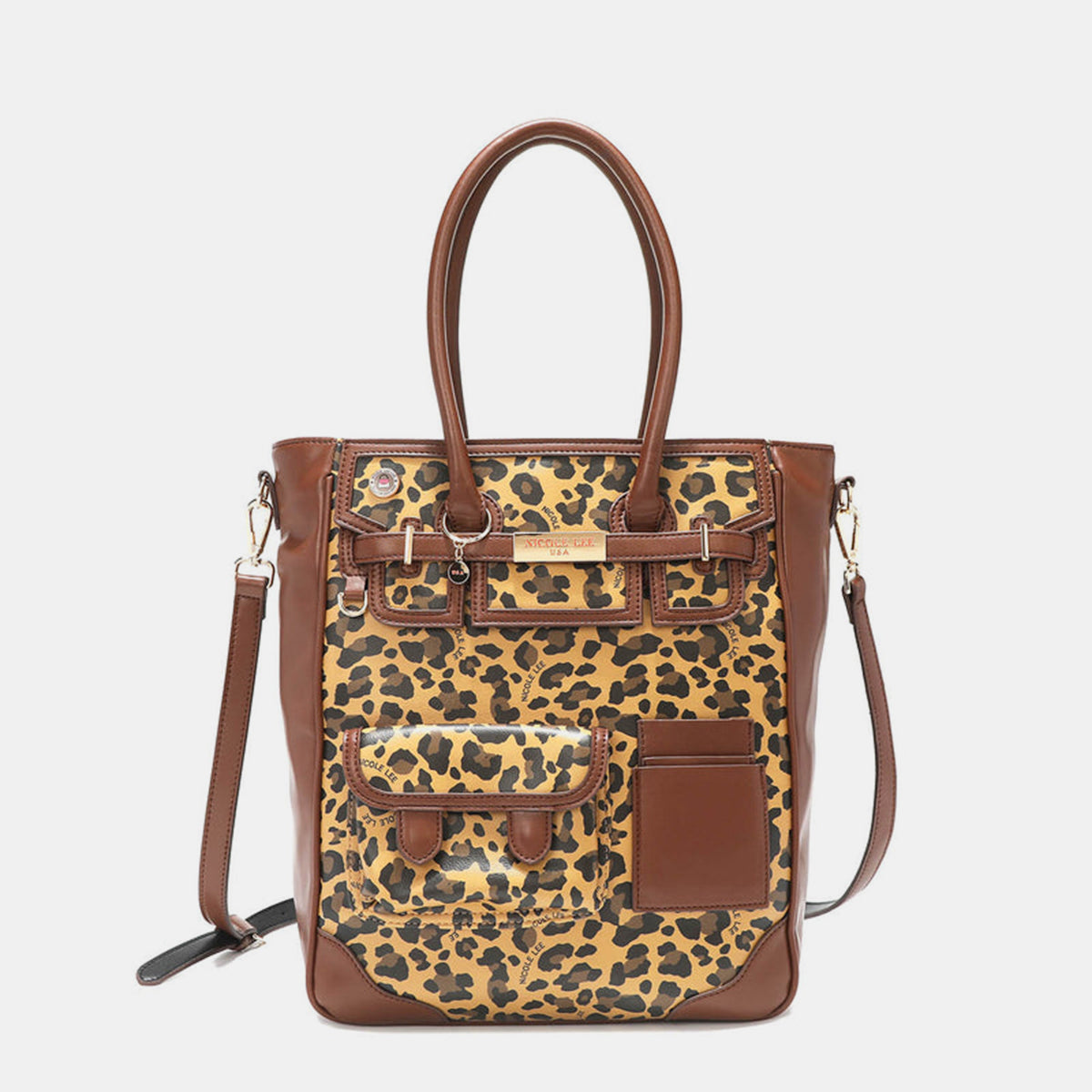 The Nicole Lee USA Leopard Large Tote Bag is a chic leopard print handbag made from vegan leather, featuring two handles, multiple pockets, a buckle, and zipper details.