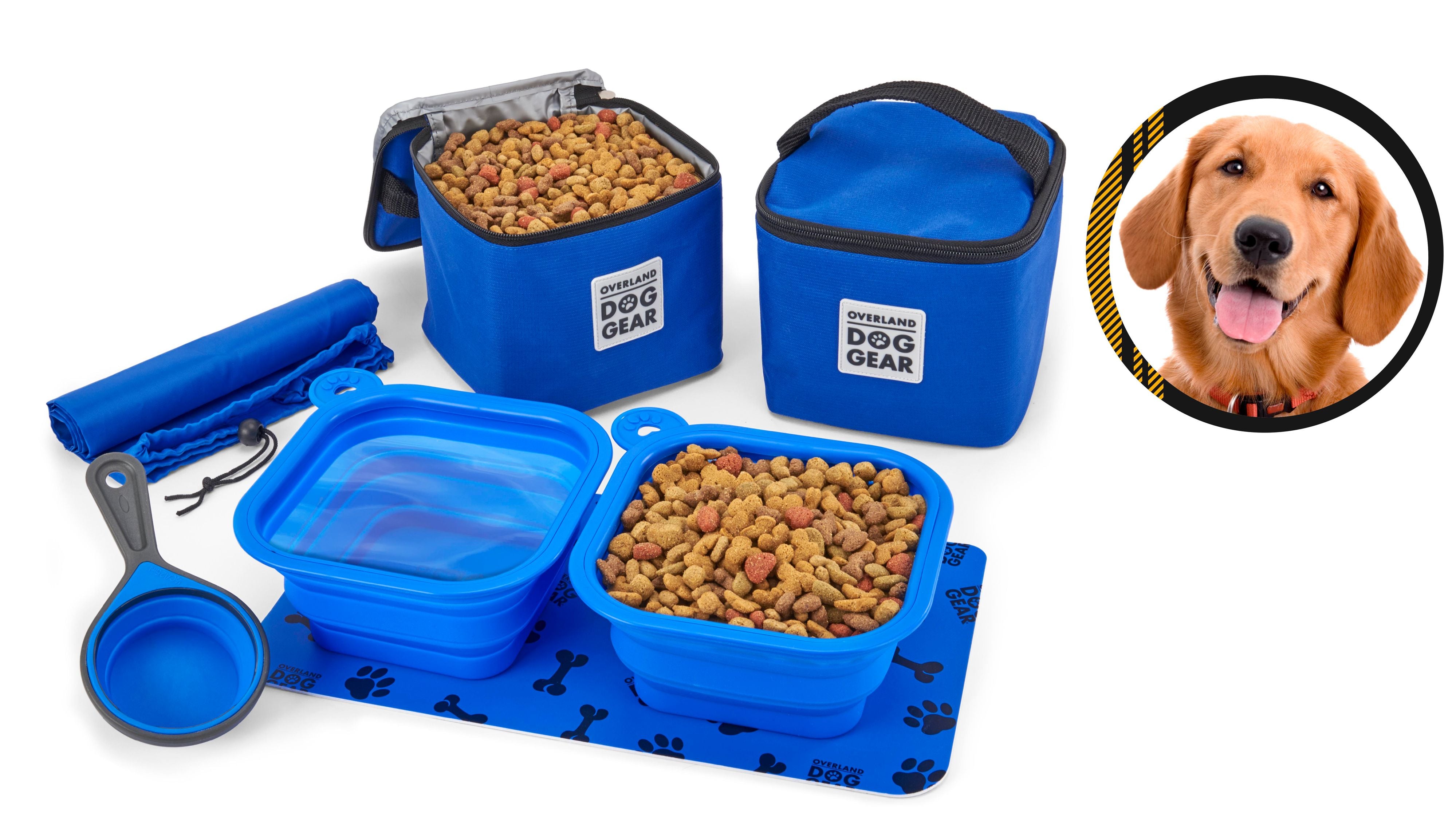 The Dine Away Bag (Med/Lg Dogs)™ features food containers, collapsible bowls, a food scoop, a placemat, and a carrying bag. A dog's photo in a speech bubble declares, "This is my gear!" It's perfectly designed for your adventurous pup's pet luggage.