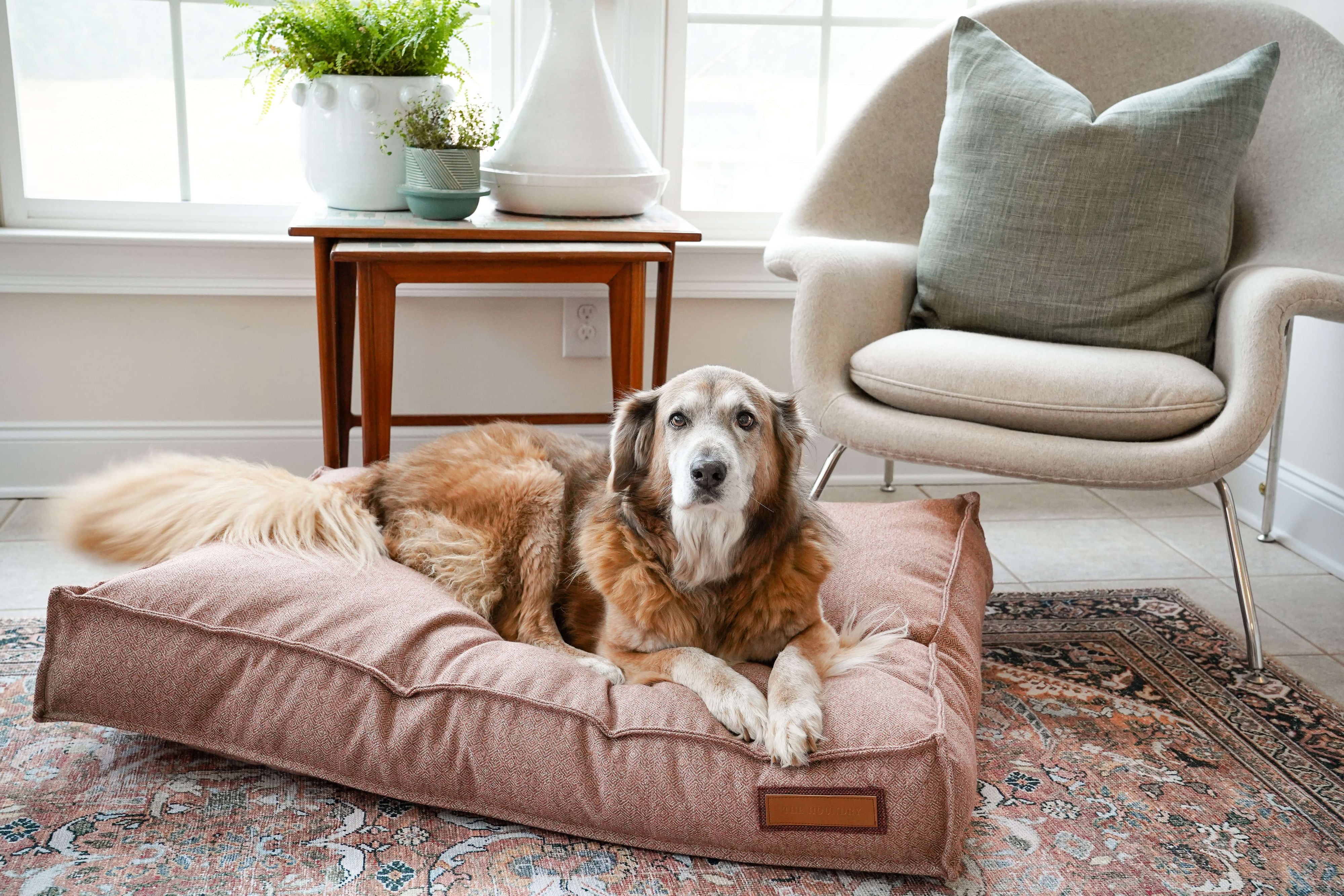 The Lounger Pet Bed in Pittie Pink features a textured surface with a repeating geometric pattern in shades of red and white, reminiscent of intricate woven or embroidered fabric, crafted from Sunbrella fabric made using recycled plastic water bottles.