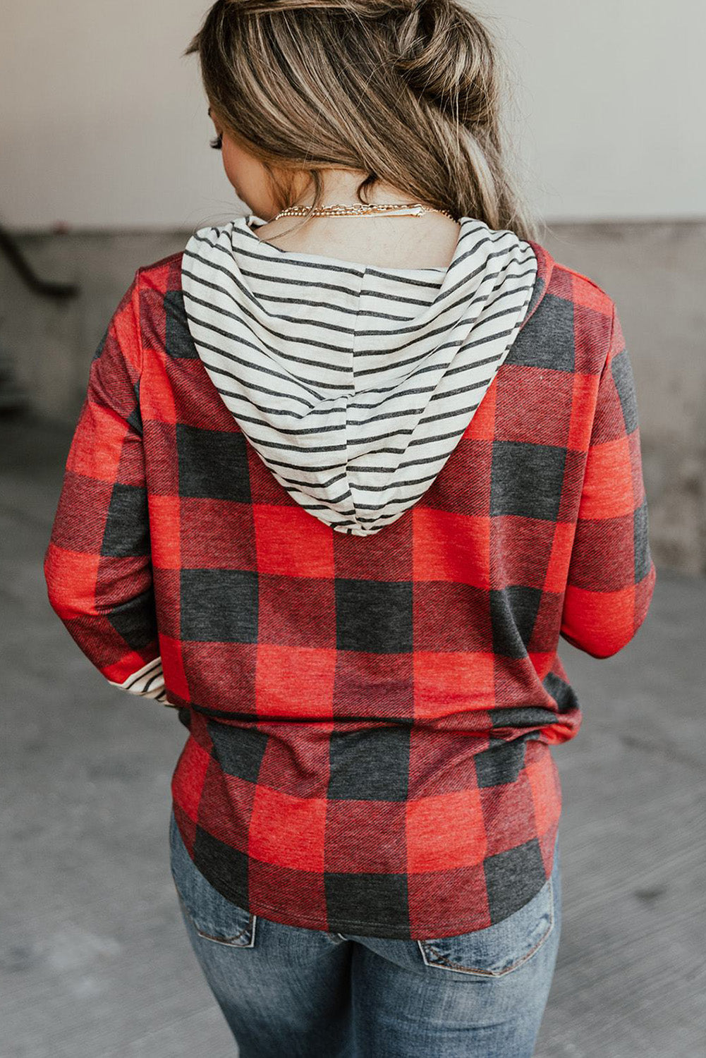 Fiery Red Christmas Plaid Striped Patchwork Drawstring Hoodie