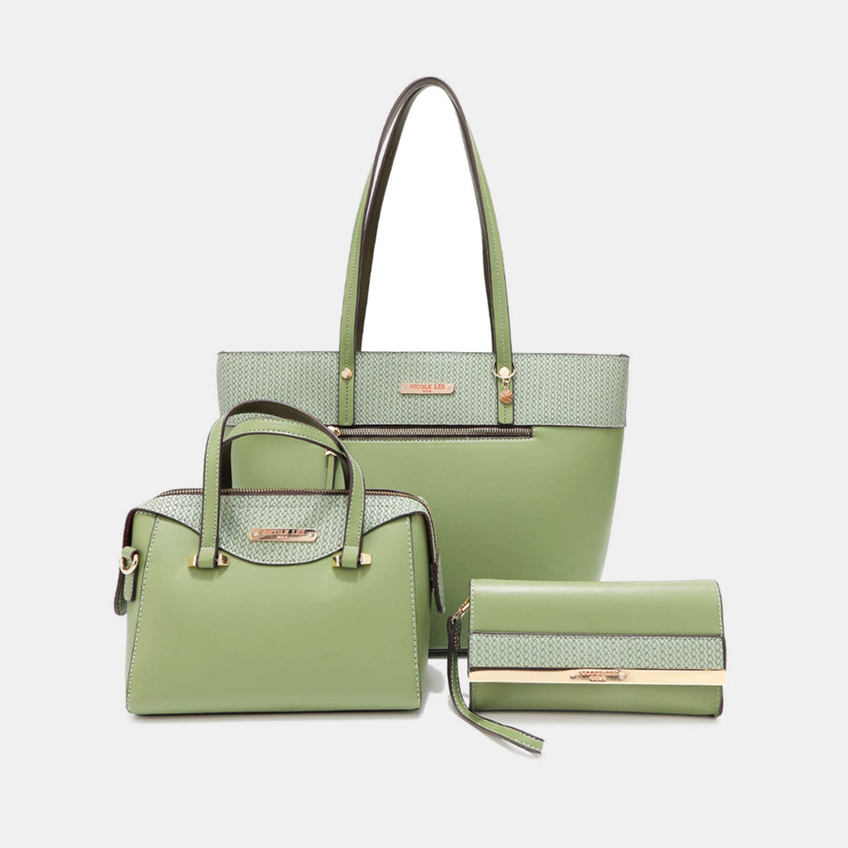 Displayed against a neutral background are three handbags from the Nicole Lee USA 3-Piece Handbag Set in green and beige, including a chic Clutch Wristlet.