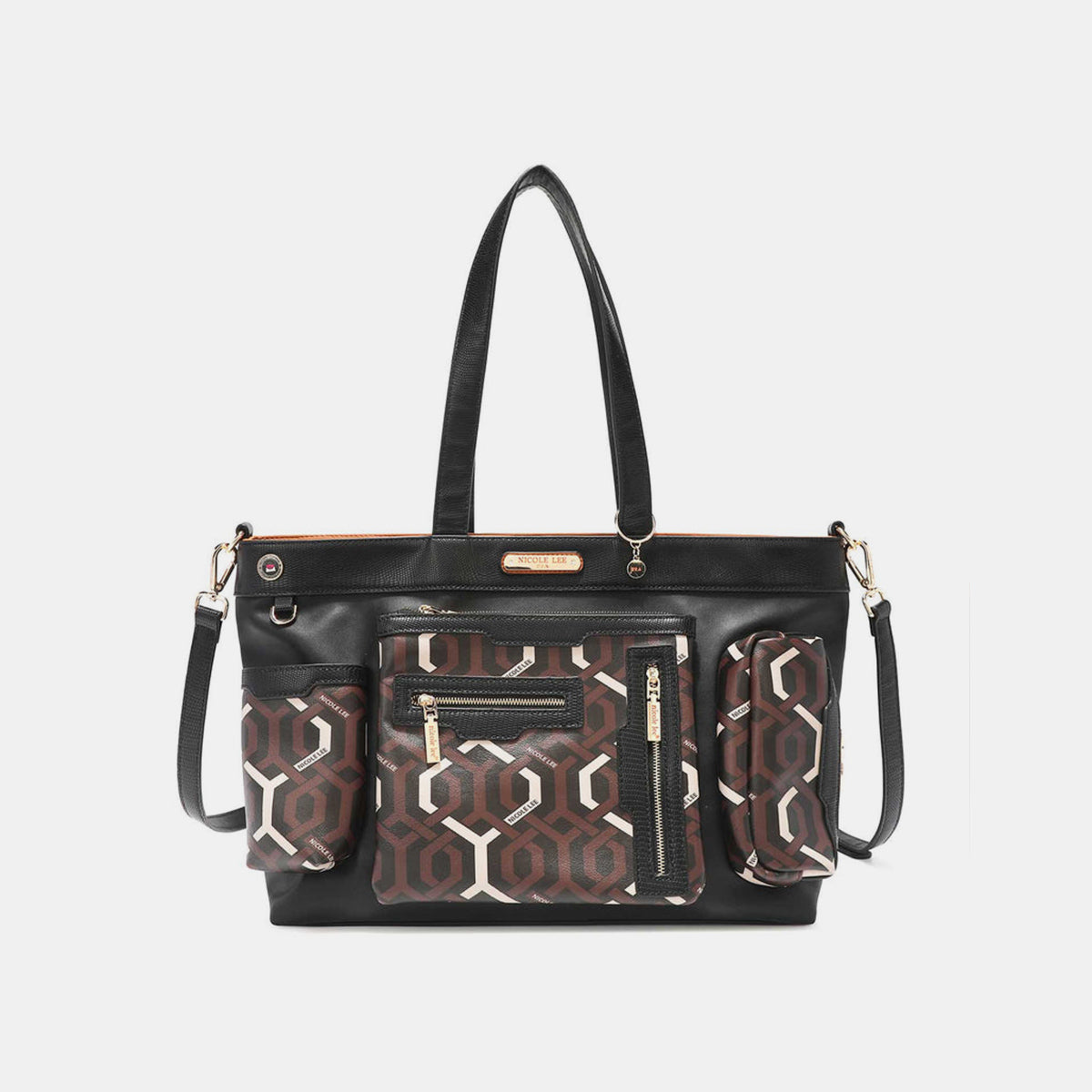 The Nicole Lee USA Geometric Pattern Large Handbag is a stylish women's handbag crafted from black vegan leather, adorned with versatile geometric designs in brown and beige on its front pockets.