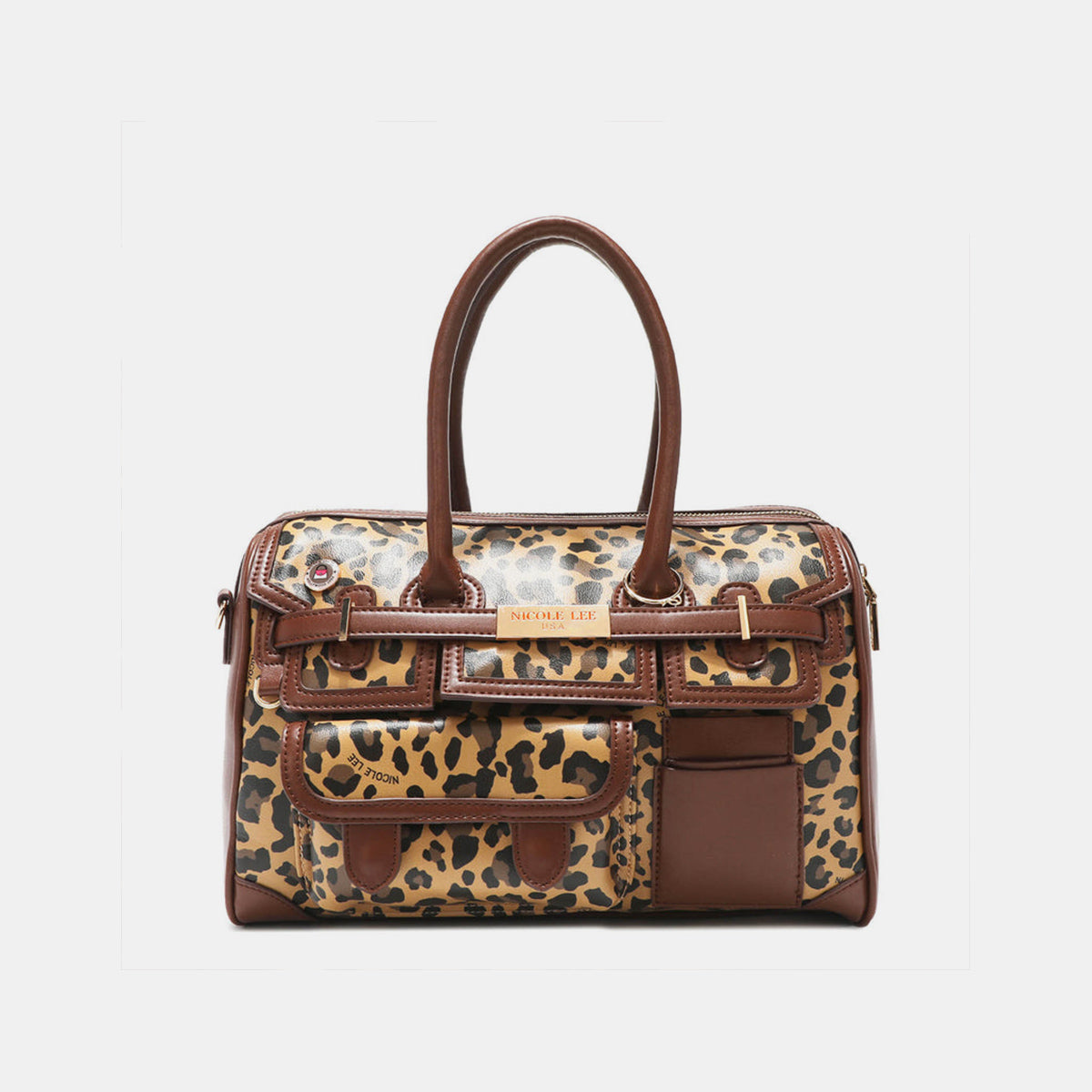 Introducing the Nicole Lee USA Leopard Boston Bag: a stylish vegan leather accessory in chic brown, boasting an eye-catching leopard print design, dual handles, multiple pockets, and adorned with a gold-tone nameplate.