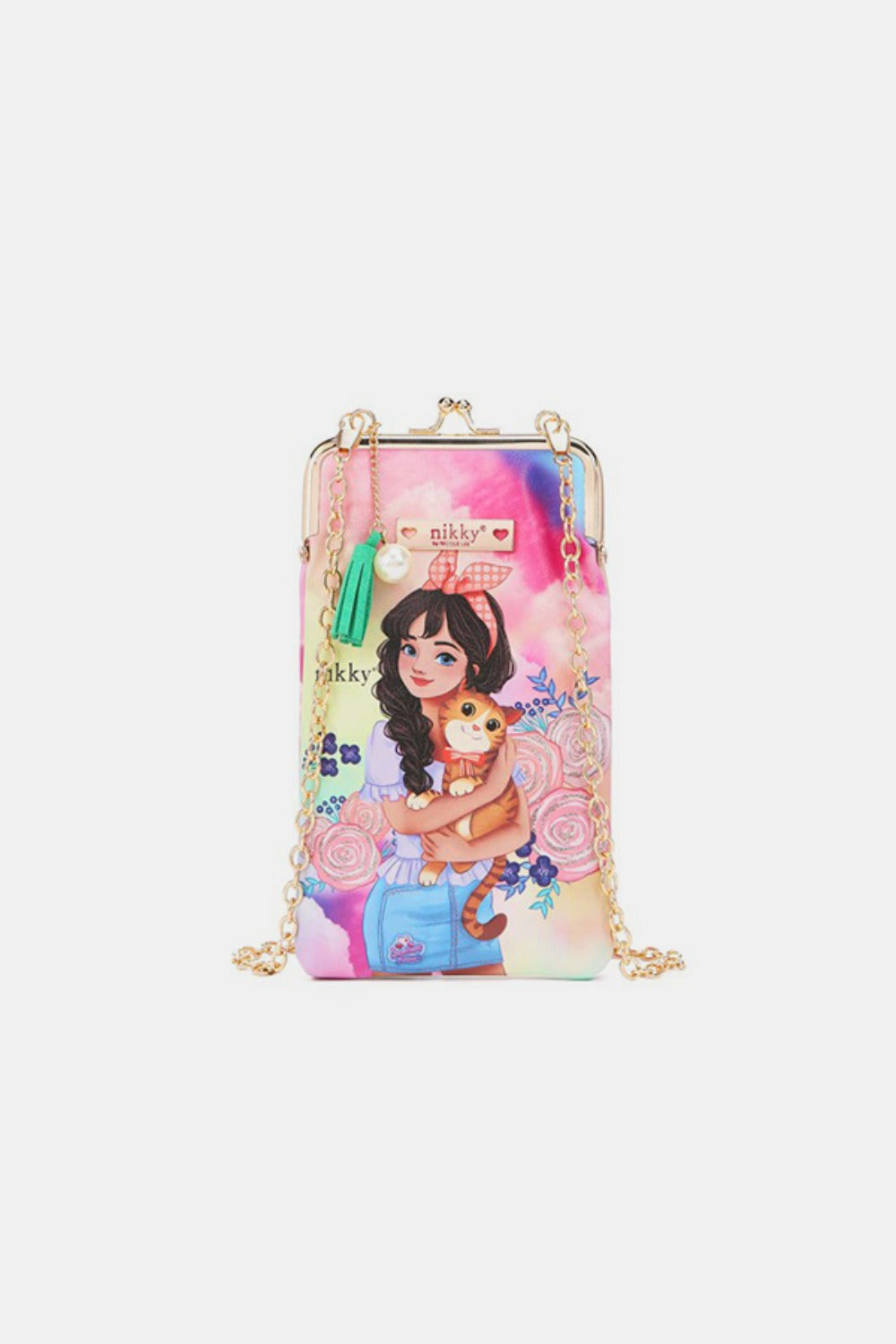 The Nicole Lee USA Printed Kisslock Phone and Sunglass Purse is a small white crossbody bag made of eco-leather with a gold chain strap, featuring an illustration of three cartoon girls and the text "Fierce and Forever.