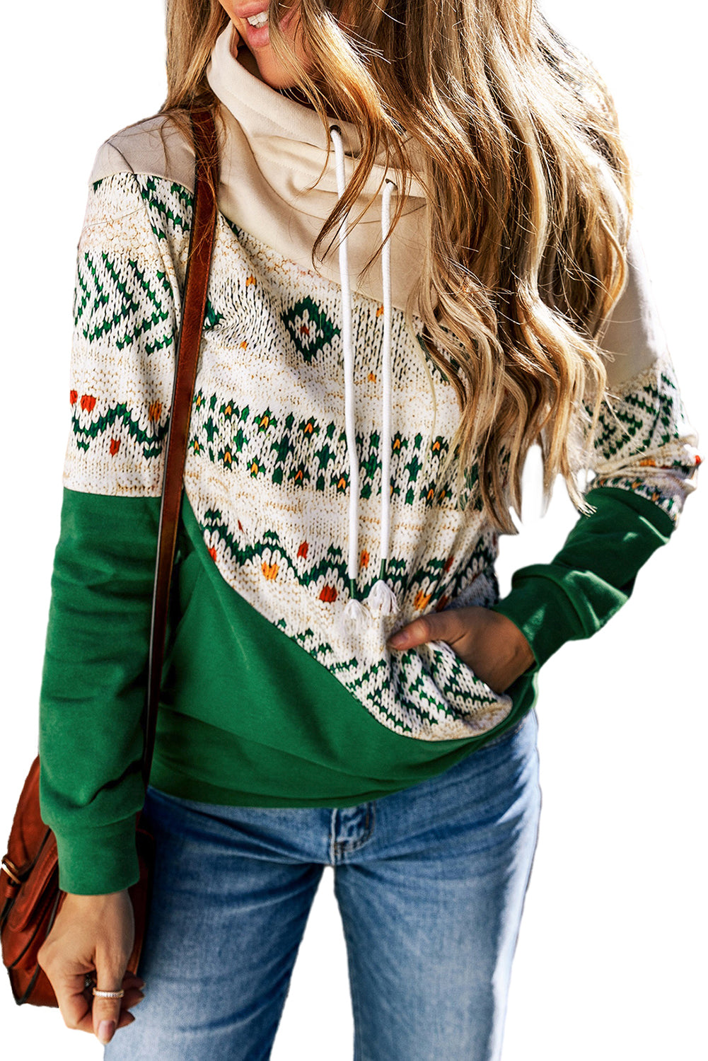 A person with long, wavy hair is seen from the back, wearing a Blackish Green Geometric Color Block Patchwork Hoodie and blue jeans, carrying a brown crossbody bag.