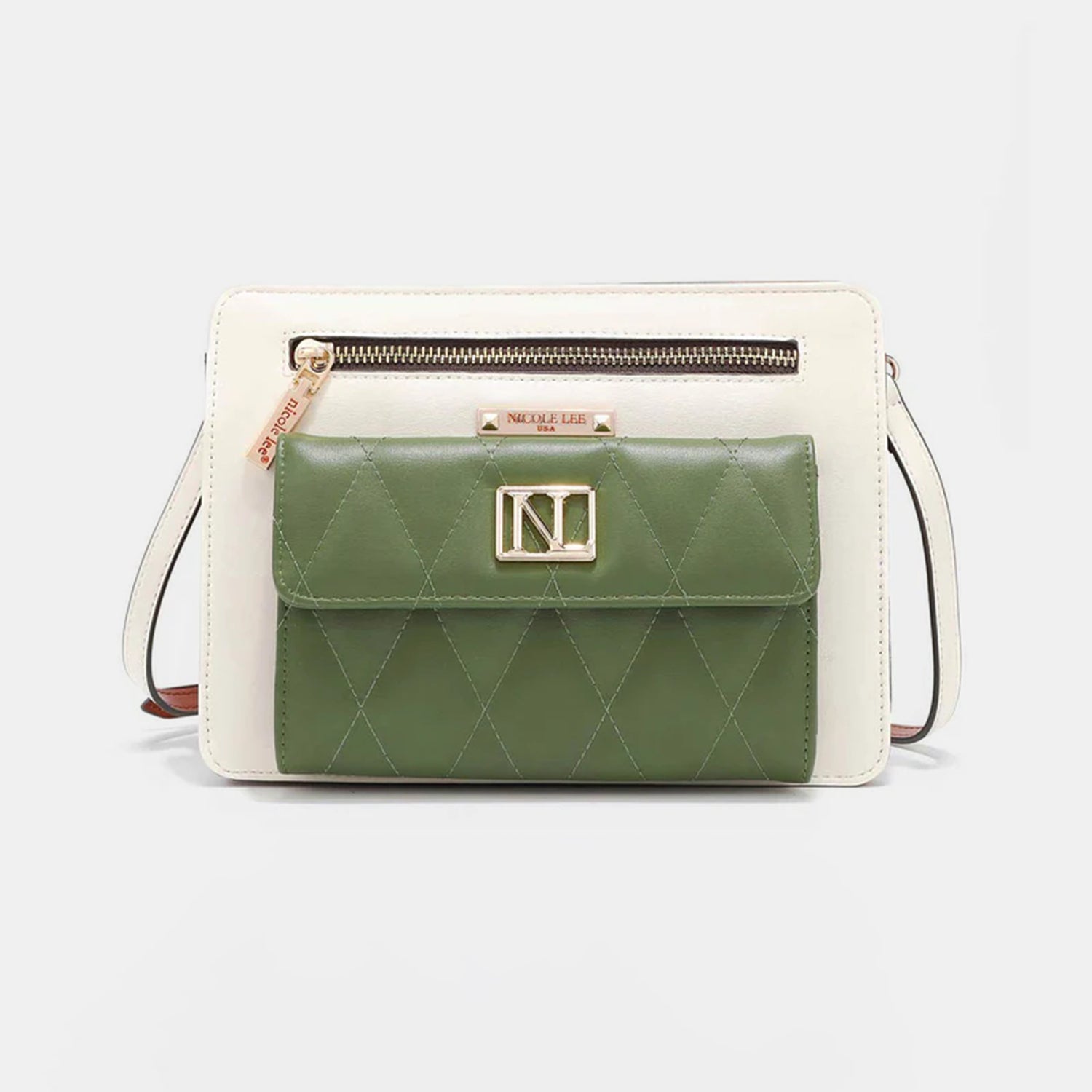 Introducing the Nicole Lee USA Color Block Crossbody Bag, a chic two-tone handbag crafted from vegan leather. It features a stylish white background with a green quilted front pocket, complemented by a gold clasp and zipper for an elegant finish.