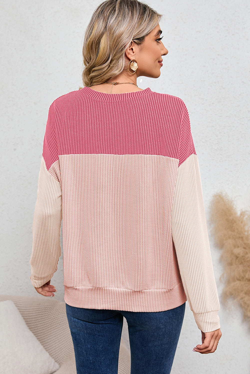 Wholesale Black Color Block Corduroy Long Sleeve Tops.