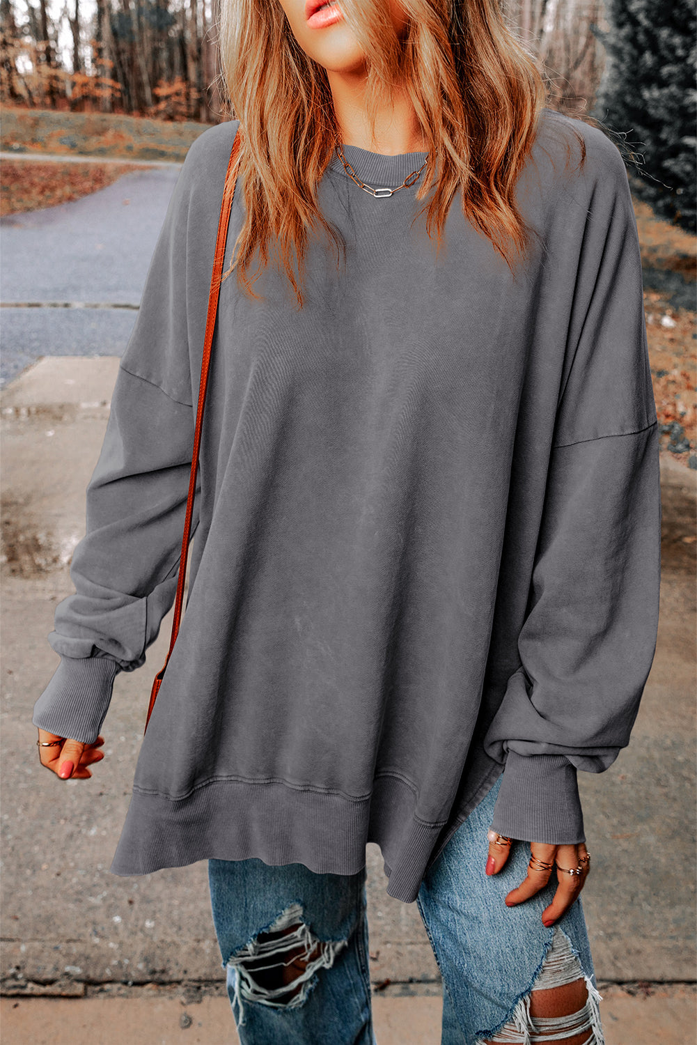 Gray Drop Shoulder Ribbed Trim Oversized Sweatshirt