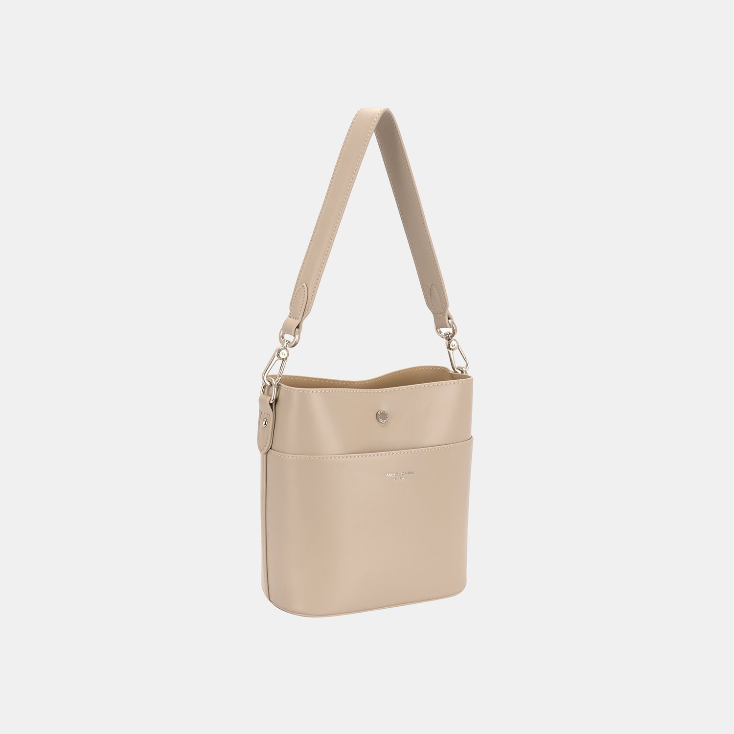 The David Jones PU Leather Shoulder Bag exudes chic style with its beige color, single strap, and practical front pocket.