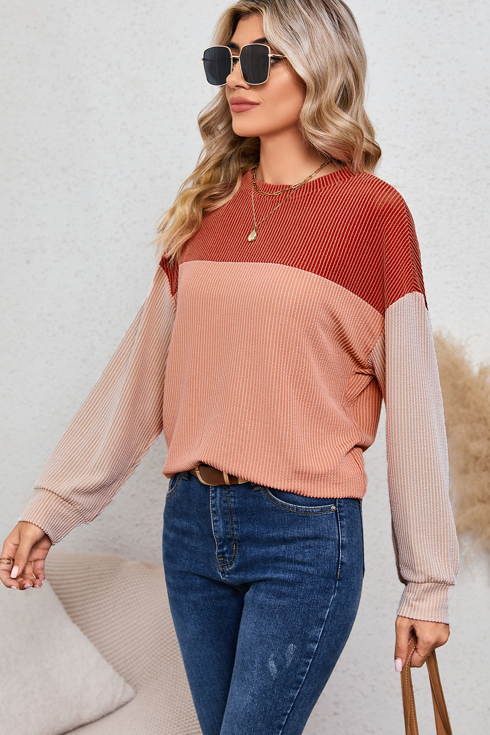 Wholesale Black Color Block Corduroy Long Sleeve Tops.