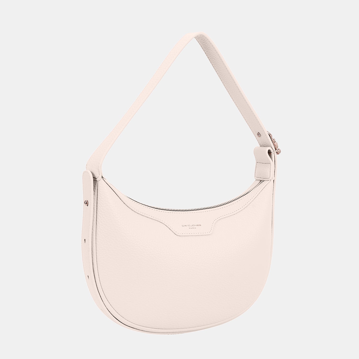 The David Jones PU Leather Crossbody Bag is a fashionable accessory that boasts a light pink hue, a curved design, and a practical top zipper closure.