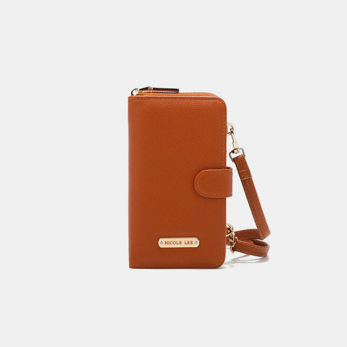 A yellow Nicole Lee USA 2 Piece Phone Case Crossbody Wallet, crafted from vegan leather, with a detachable strap and a snap button closure, displayed against a white background.