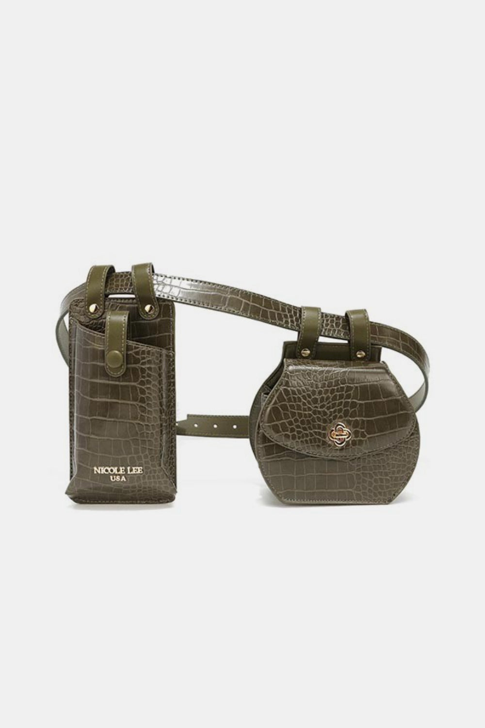 The Nicole Lee USA 2 Piece Texture Belt Bag is a brown vegan leather belt with an attached phone case and small pouch featuring a crocodile skin pattern. The adjustable belt also includes removable pouches for added convenience and style.