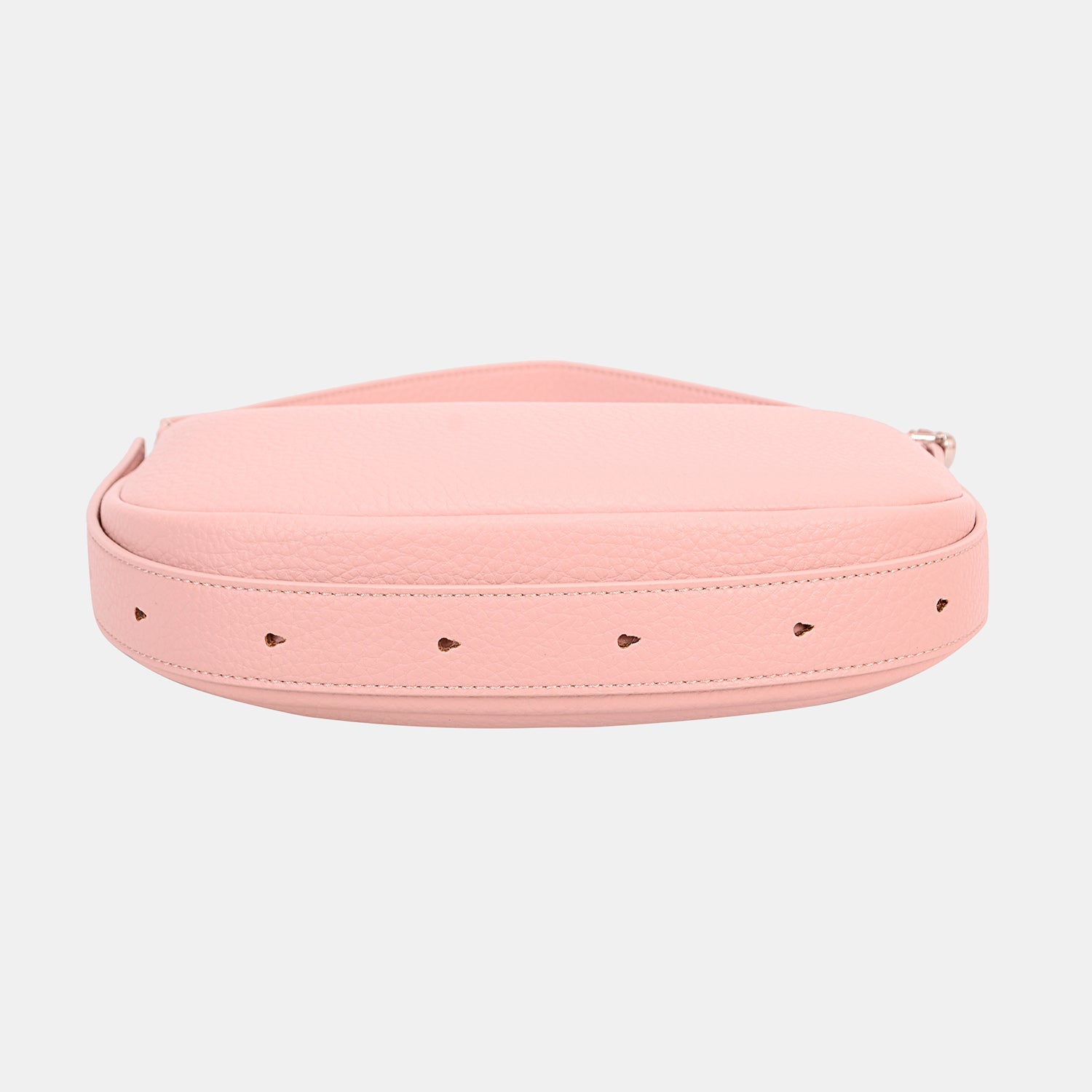 The David Jones PU Leather Crossbody Bag is a fashionable accessory that boasts a light pink hue, a curved design, and a practical top zipper closure.