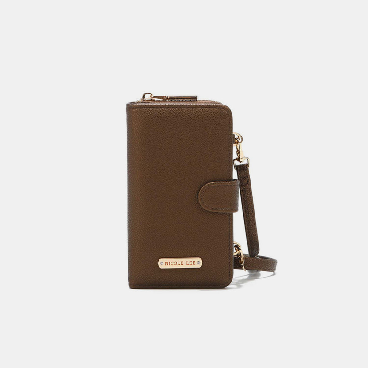 A yellow Nicole Lee USA 2 Piece Phone Case Crossbody Wallet, crafted from vegan leather, with a detachable strap and a snap button closure, displayed against a white background.