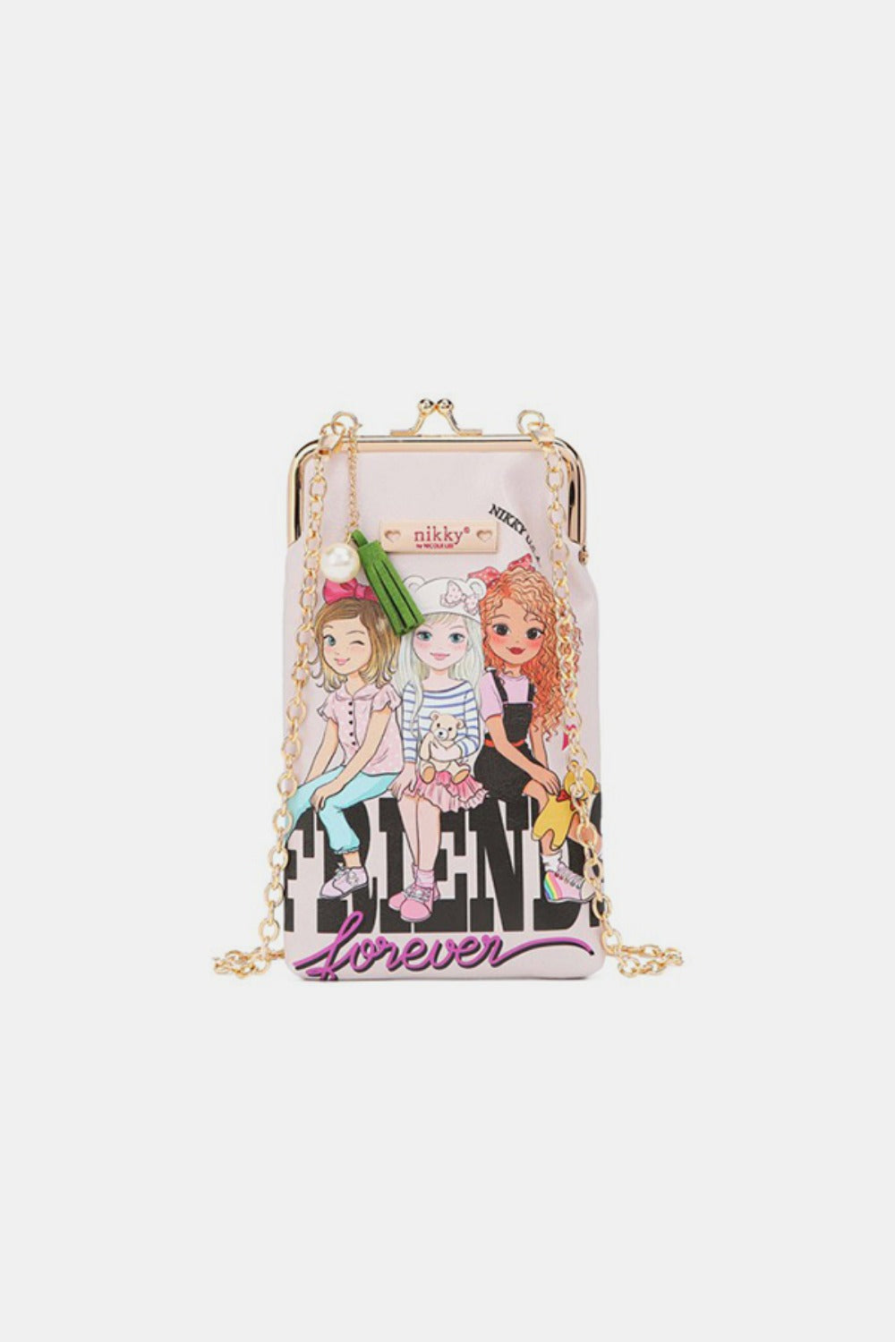 The Nicole Lee USA Printed Kisslock Phone and Sunglass Purse is a small white crossbody bag made of eco-leather with a gold chain strap, featuring an illustration of three cartoon girls and the text "Fierce and Forever.