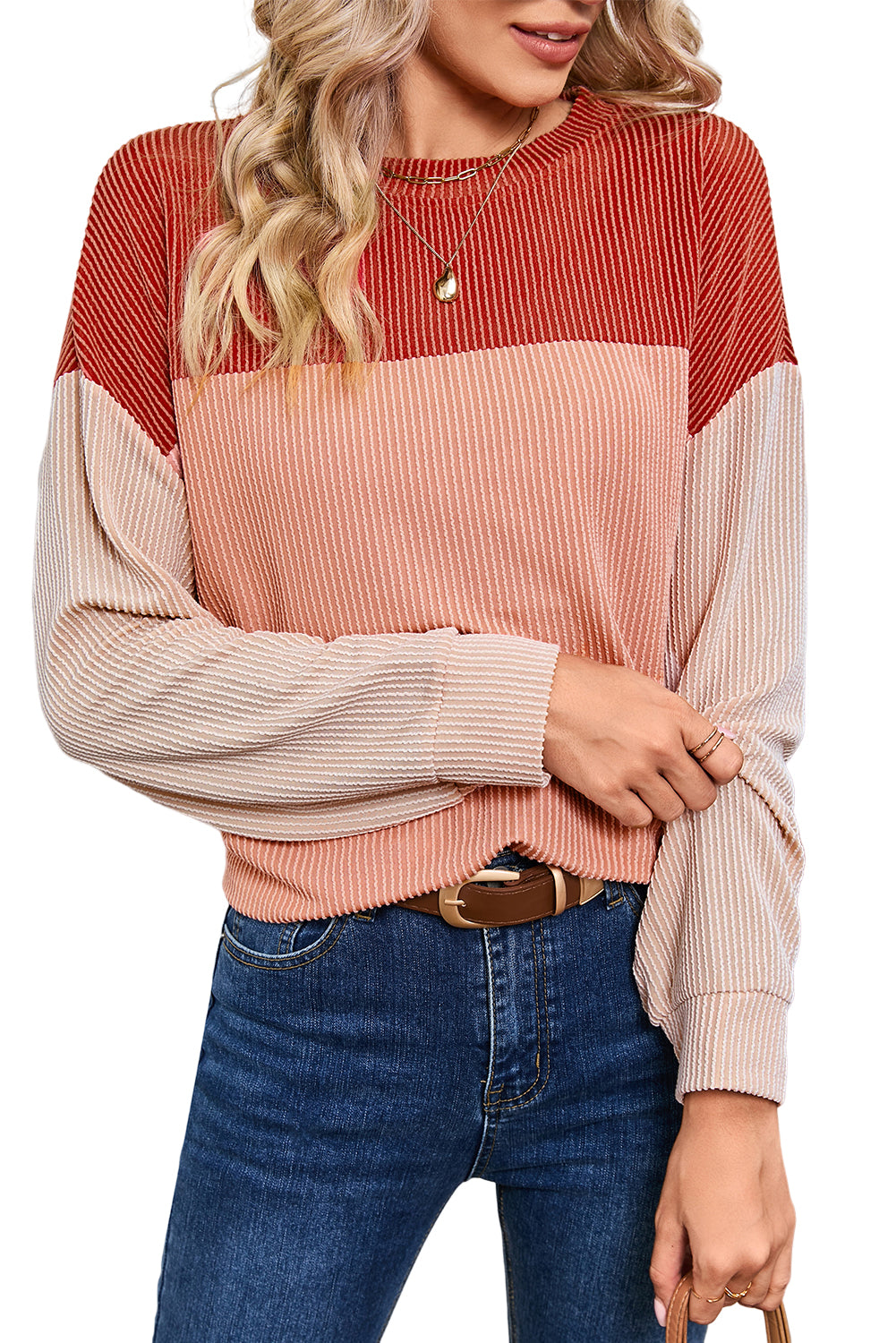 Wholesale Black Color Block Corduroy Long Sleeve Tops.