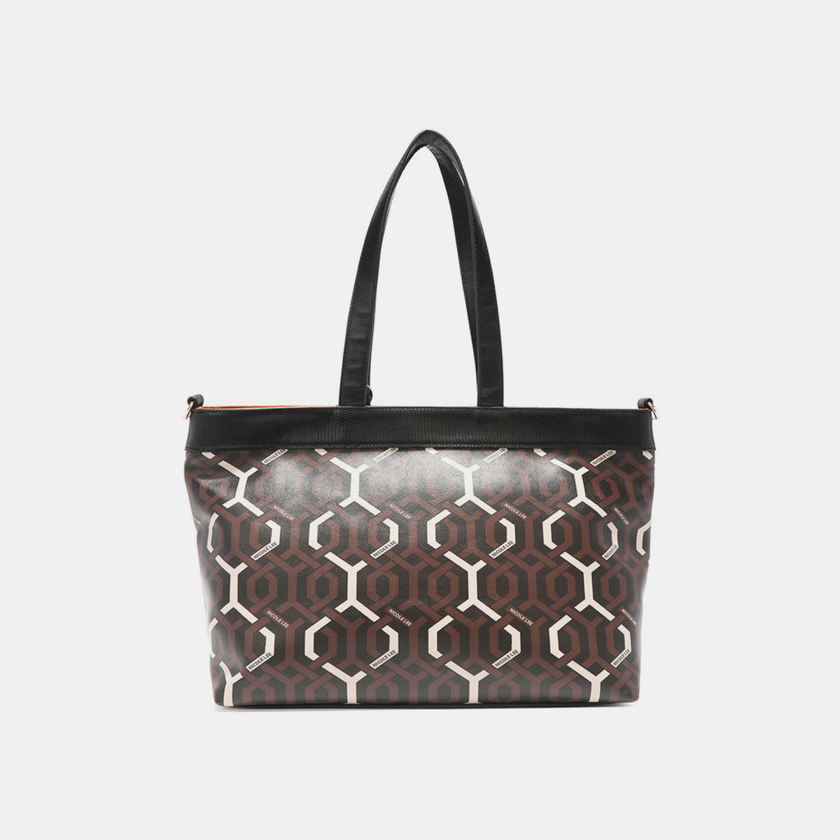 The Nicole Lee USA Geometric Pattern Large Handbag is a stylish women's handbag crafted from black vegan leather, adorned with versatile geometric designs in brown and beige on its front pockets.