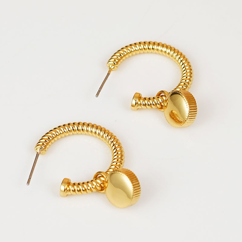 Introducing the Rope Cat's Eye Stone C-Hoop Earrings, featuring a gold-plated coiled design adorned with cat's eye gemstones near the clasps, set against a plain white background.