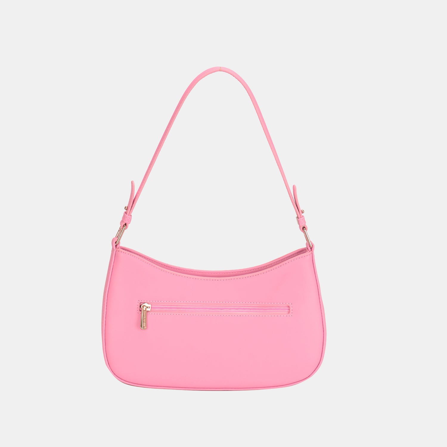 The David Jones Front Double Zip Design PU Leather Shoulder Bag is a chic and practical pink accessory, showcasing elegant gold-tone hardware and crafted from PU leather, all presented against a white backdrop.