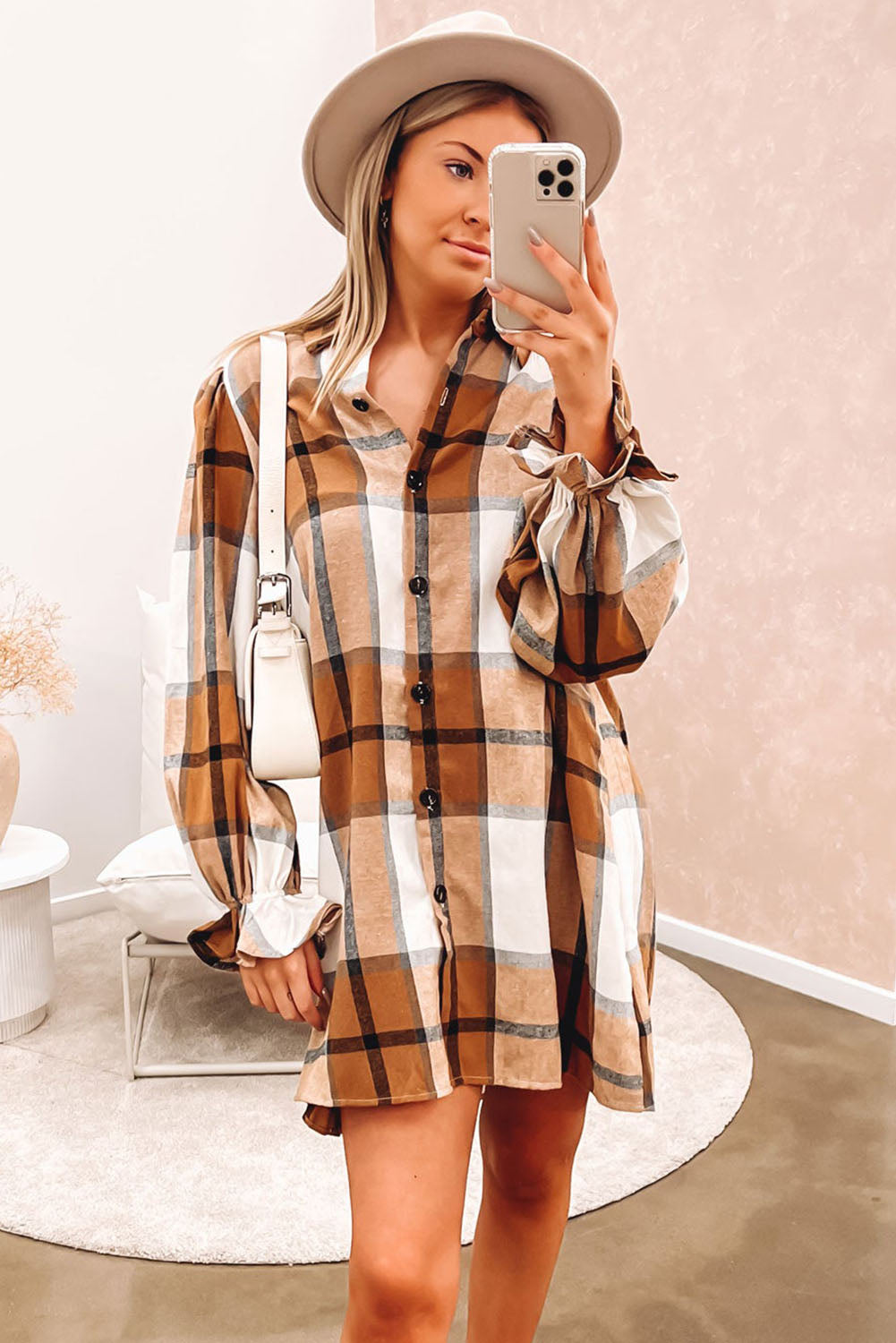 A woman wearing a Khaki Plaid Pattern Collared Neck Ruffled Sleeve Shirt Dress.
