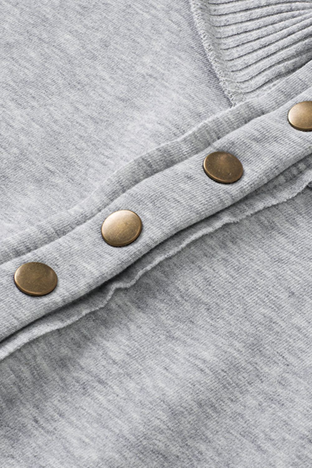 Gray Ribbed Hem Snap Button Neckline Sweatshirt with Pocket