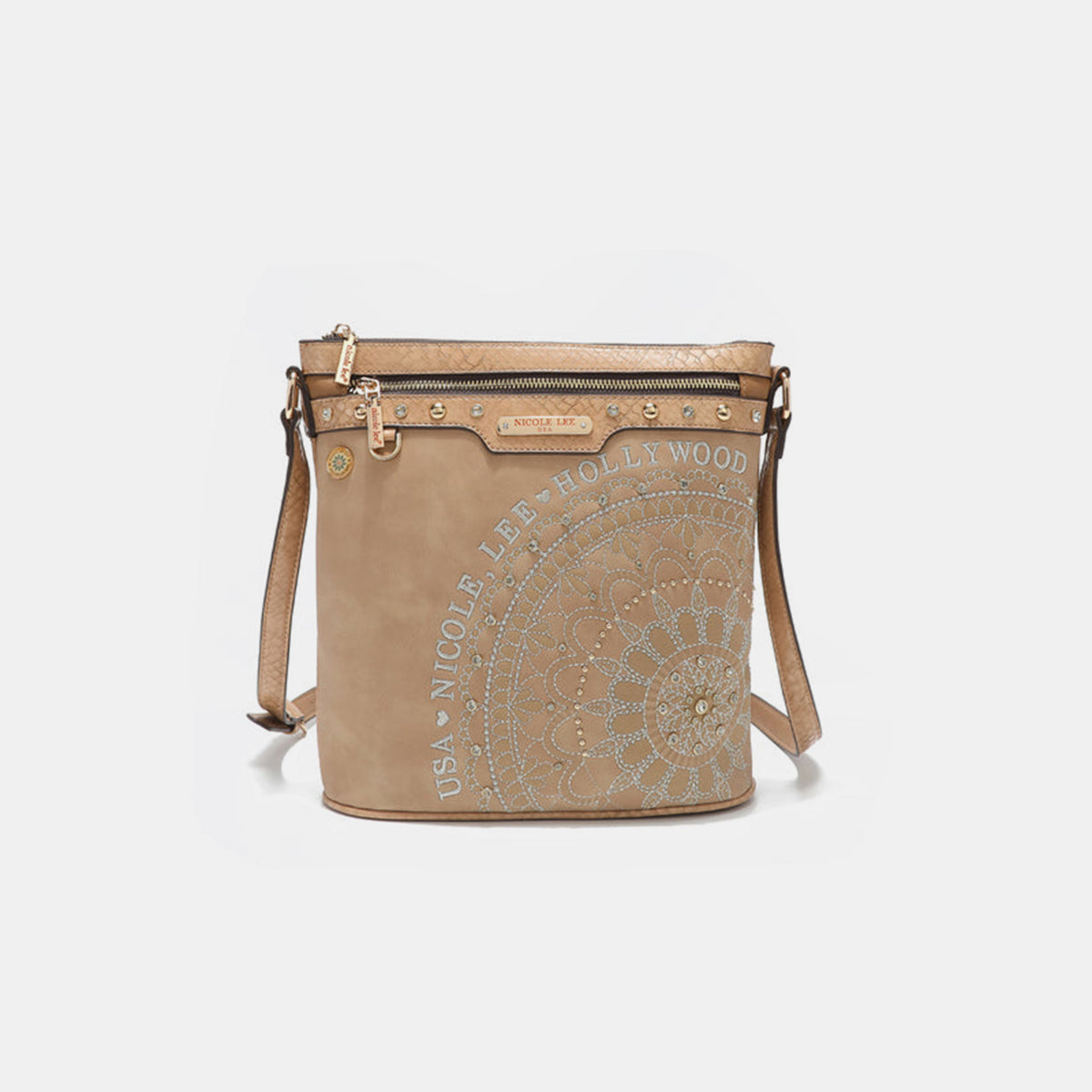 The Nicole Lee USA Metallic Stitching Embroidery Inlaid Rhinestone Crossbody Bag is a brown vegan leather accessory adorned with intricate white designs and text reading "Nicole Lee Hollywood USA" on the front. It features diamond rhinestones, multiple zippered compartments, and an adjustable strap.