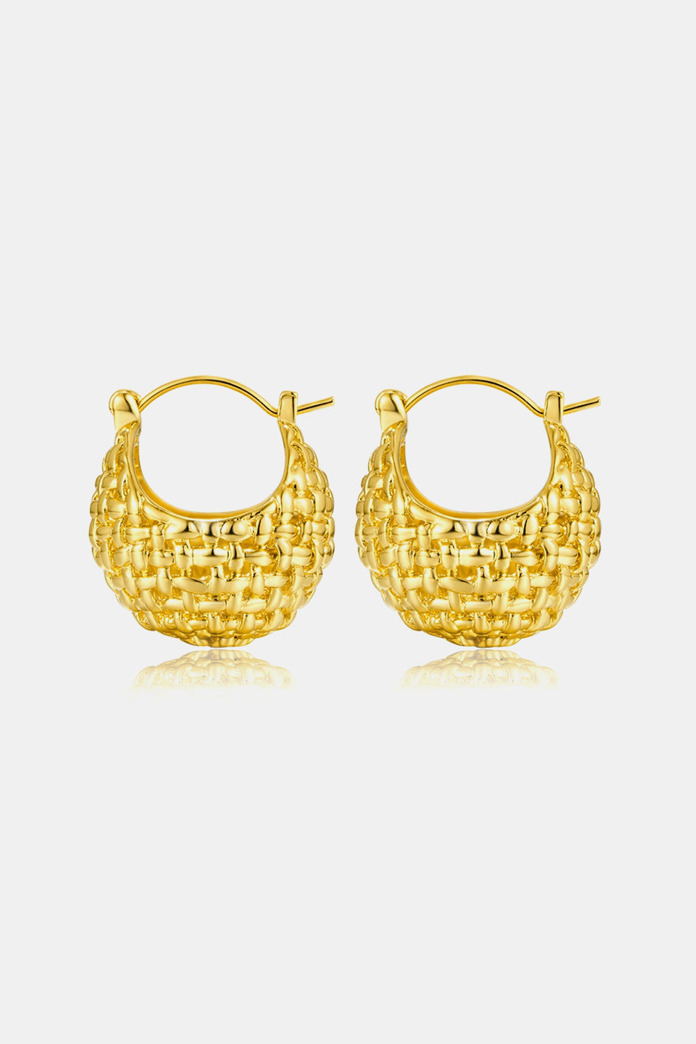 The Braided Basket Metal Hoop Earrings feature a textured, braided metal design on a white background, making them perfect for everyday wear.